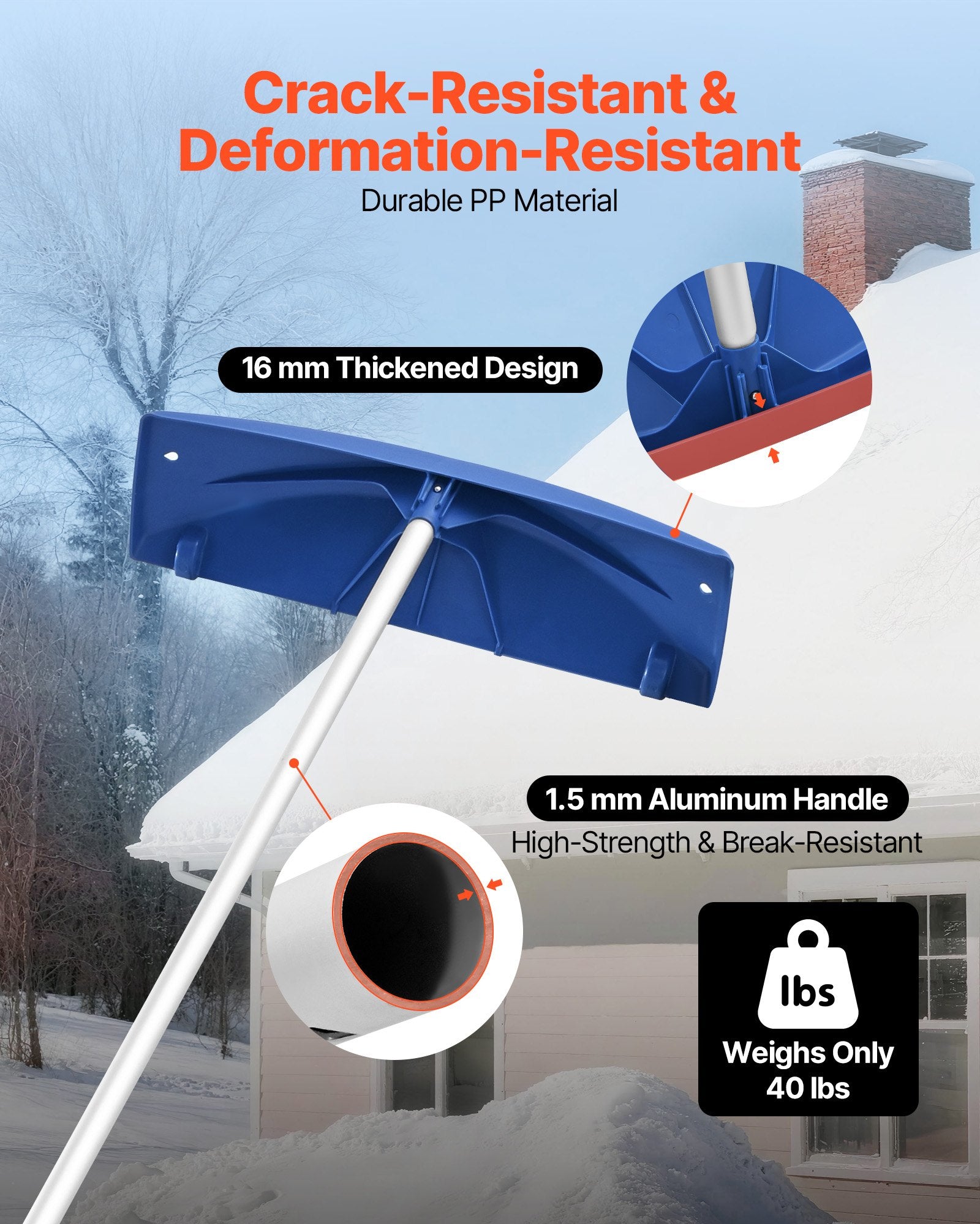 Snow Roof Rake, 60cm PP Plastic Blade, 1.18-5.55 m Adjustable Roof Snow Scraper with Wheels, Anti-Slip Handle Snows Removal Tool, Lightweight House Rooftop Rake for Leaves Debris Removal