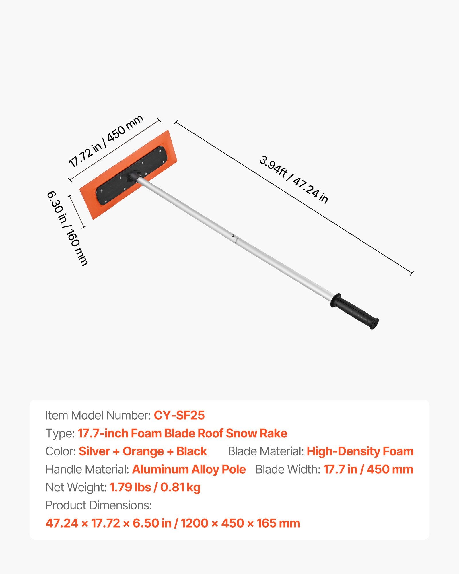 Automotive Decor: VEVOR Snow Roof Rake, 1.2m Long Reach Car Roof Snow Scraper, 45cm Foam Blade for No Scratches, Non-Slip Handle, Lightweight Snows Removal Tool for Vehicle Garage Rooftop Leaves Debris Clearing