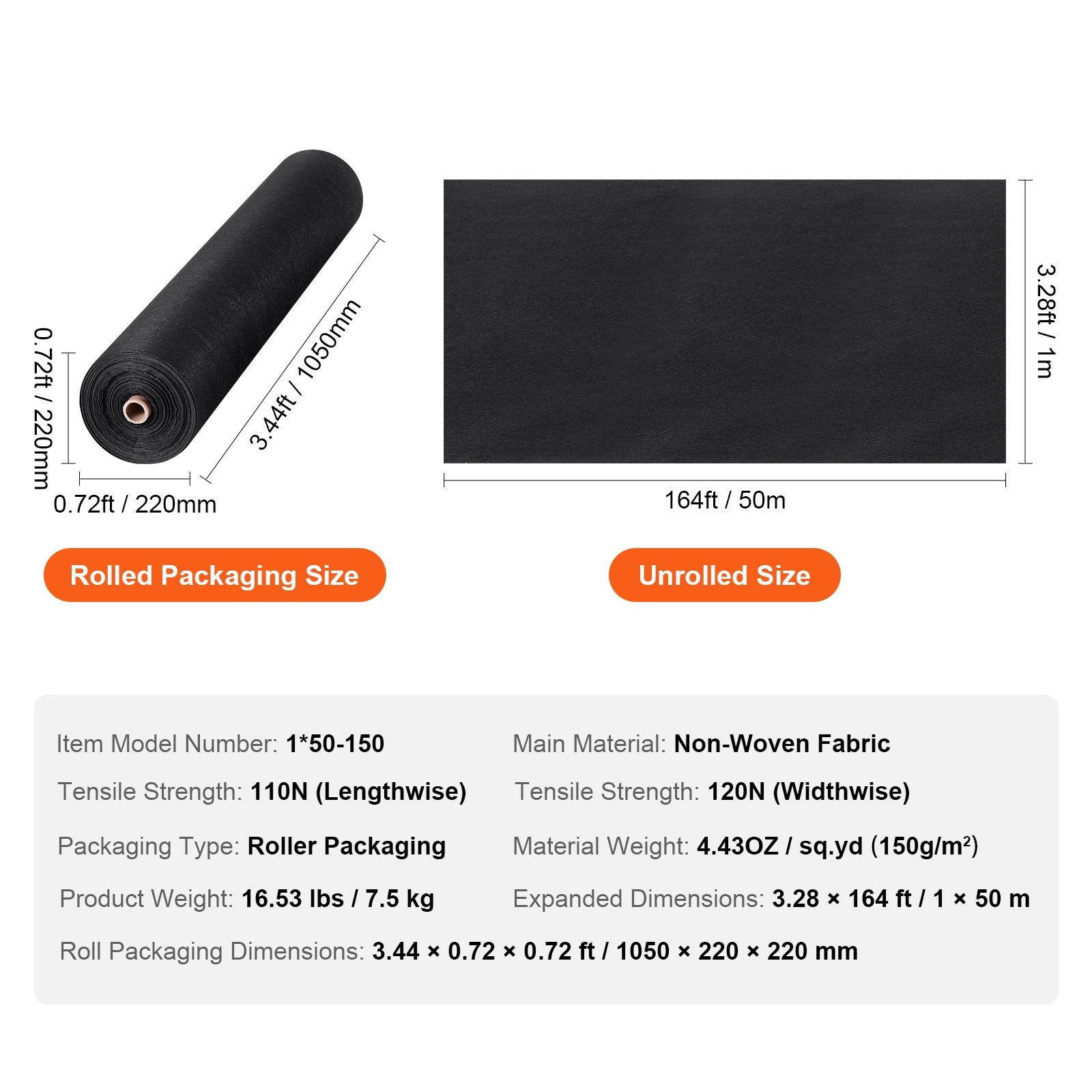 Aprons: VEVOR Driveway Fabric, 1*50m Non Woven Geotextile Fabric, Heavy Duty Garden Weed Barrier Fabric, 4.43OZ Landscape Fabric, French Drains Drainage Fabric, Ground Cover Weed Control Fabric,3.28 x 164 ft