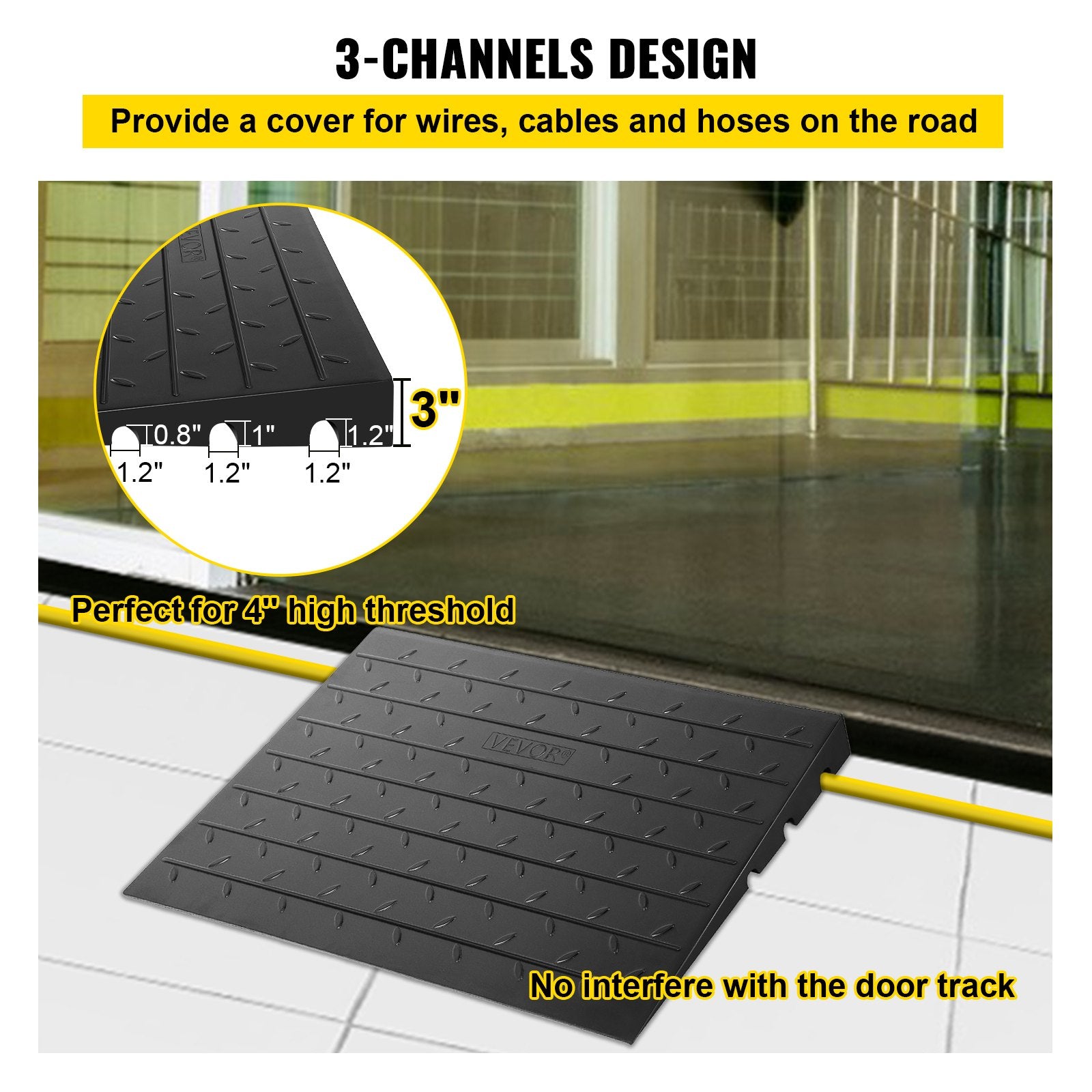 Automotive Repair & Speciality Tools: VEVOR Rubber Threshold Ramp, 7.62 cm Rise Threshold Ramp Doorway, 3 Channels Cord Cover Rubber Solid Threshold Ramp, Rubber Angled Entry Rated 997.9 kg Load Capacity for Wheelchair and Scooter