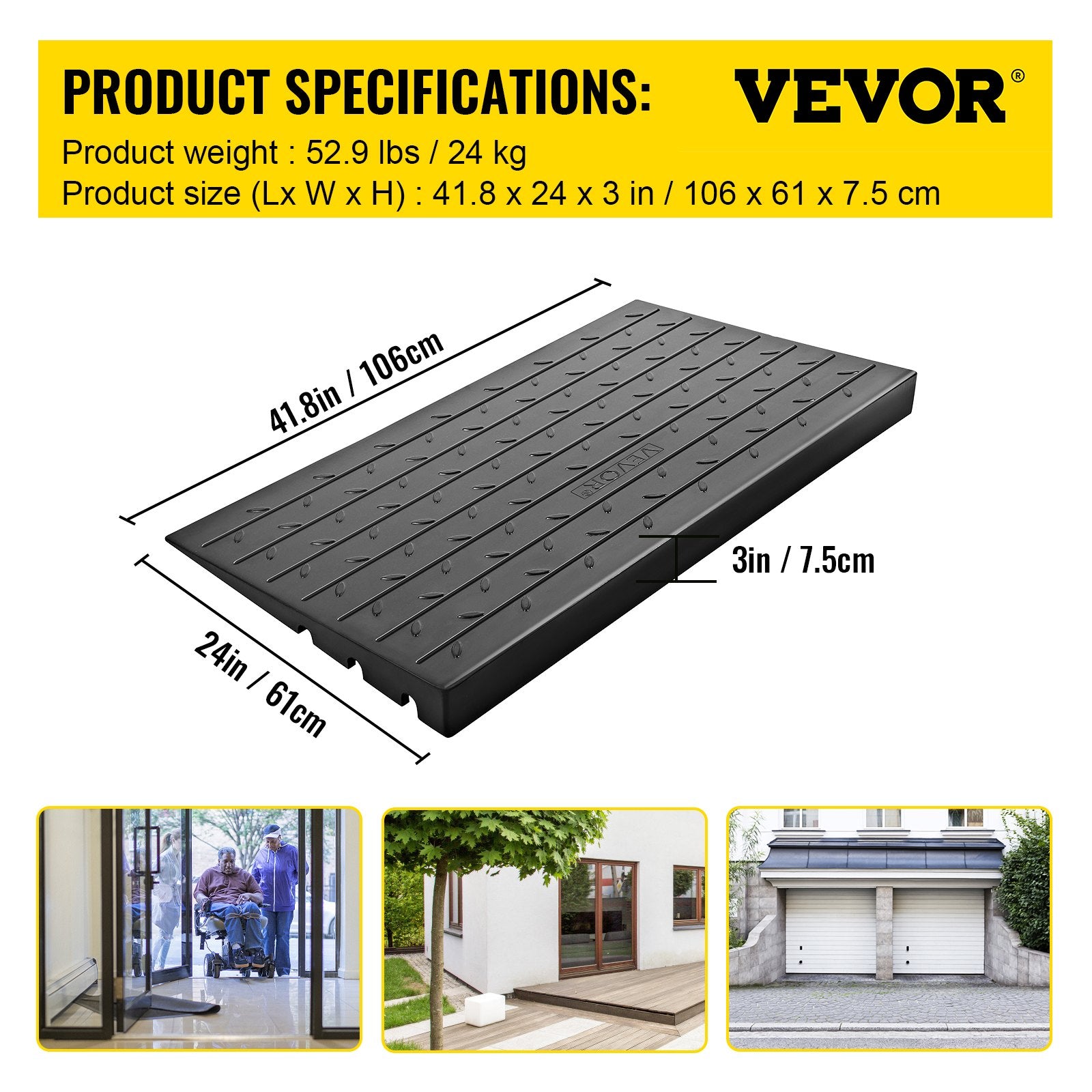 Automotive Repair & Speciality Tools: VEVOR Rubber Threshold Ramp, 7.62 cm Rise Threshold Ramp Doorway, 3 Channels Cord Cover Rubber Solid Threshold Ramp, Rubber Angled Entry Rated 997.9 kg Load Capacity for Wheelchair and Scooter