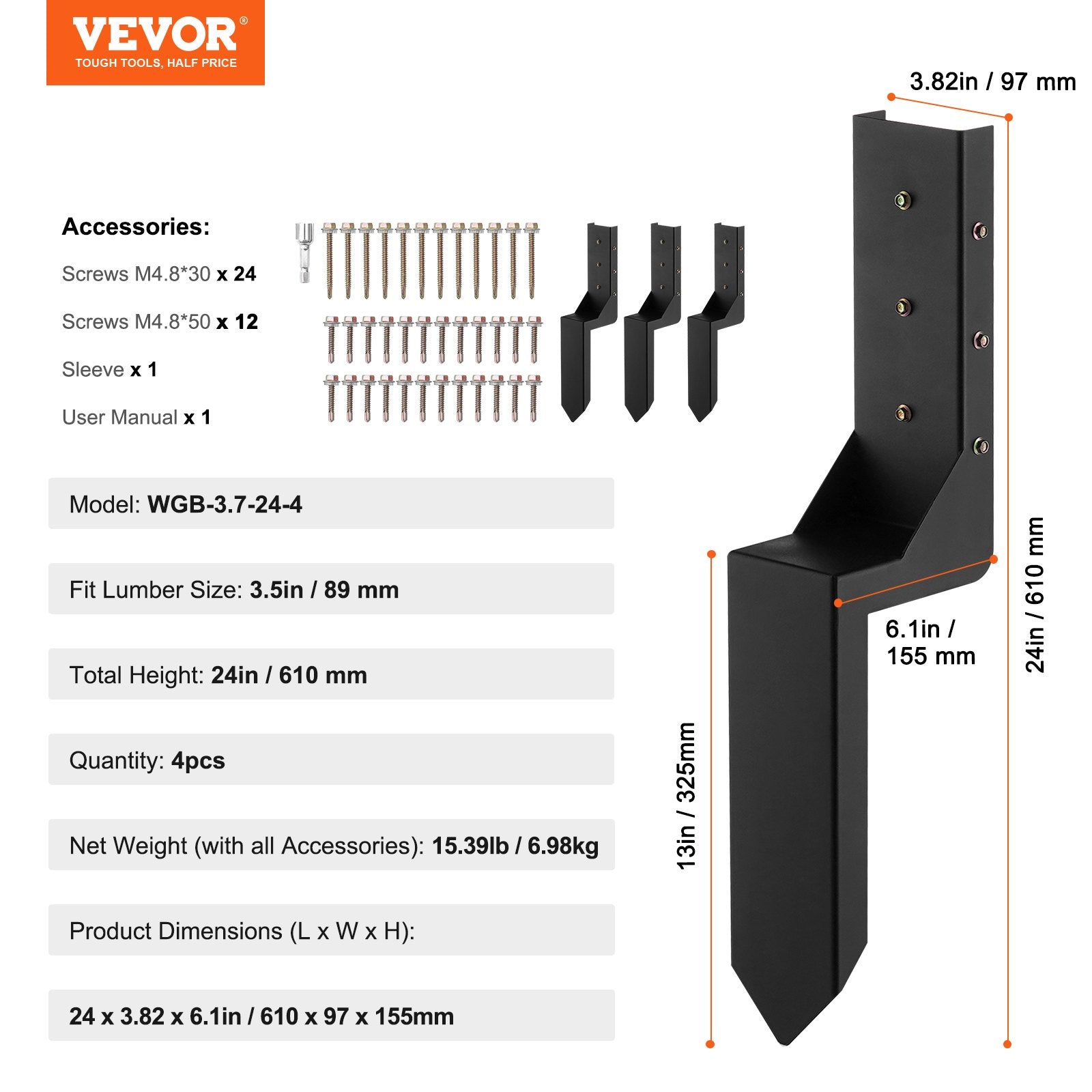 Fencing: VEVOR Fence Post Anchor Repair Kit, 4 Pack Inner Diameter 8.9x8.9 cm Heavy Duty Steel Fence Post Support Stakes, Anchor Ground Spike for Repair Tilted, Broken Wood Fence Post, Enveloping