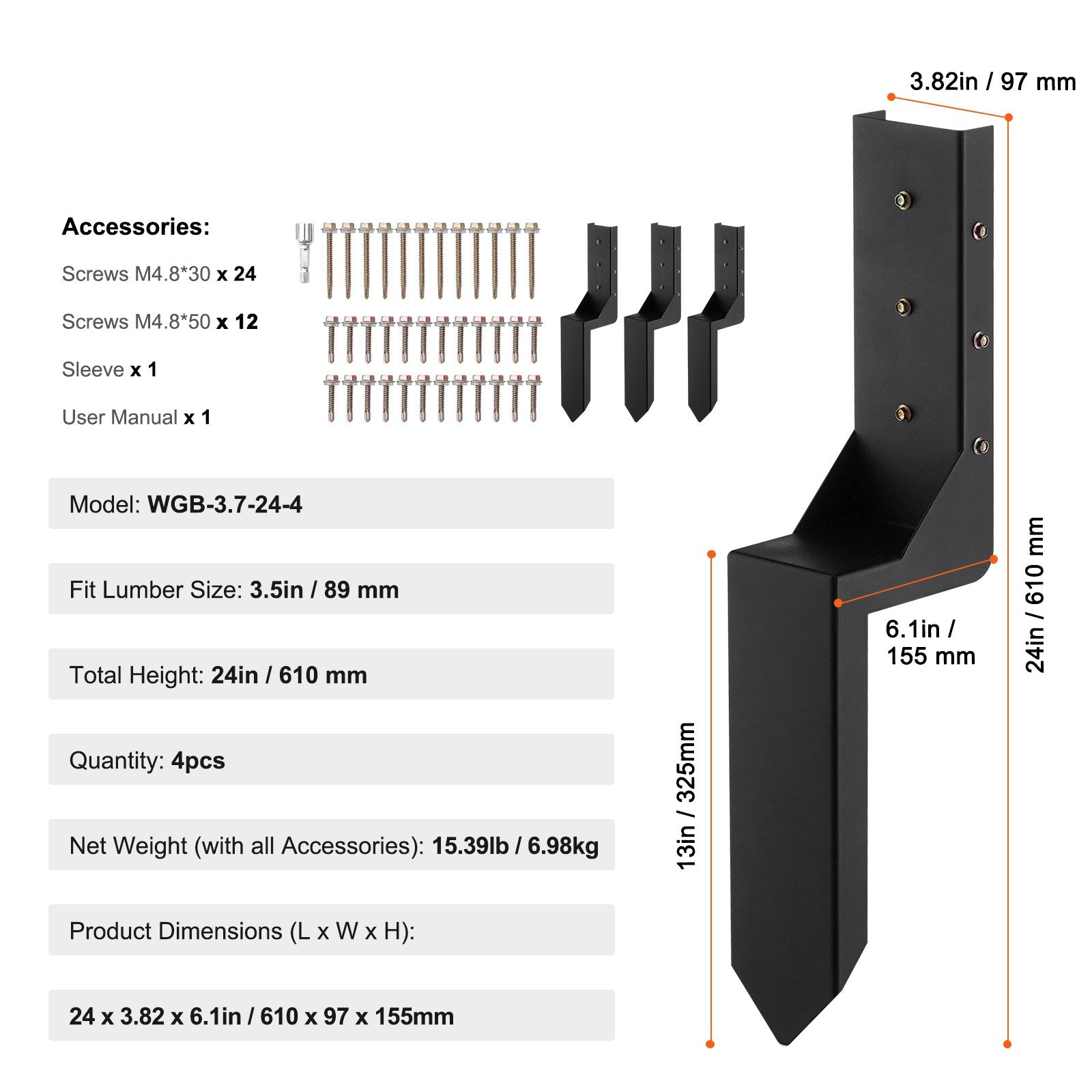 Fencing: VEVOR Fence Post Anchor Repair Kit, 4 Pack Inner Diameter 8.9x8.9 cm Heavy Duty Steel Fence Post Support Stakes, Anchor Ground Spike for Repair Tilted, Broken Wood Fence Post, Enveloping