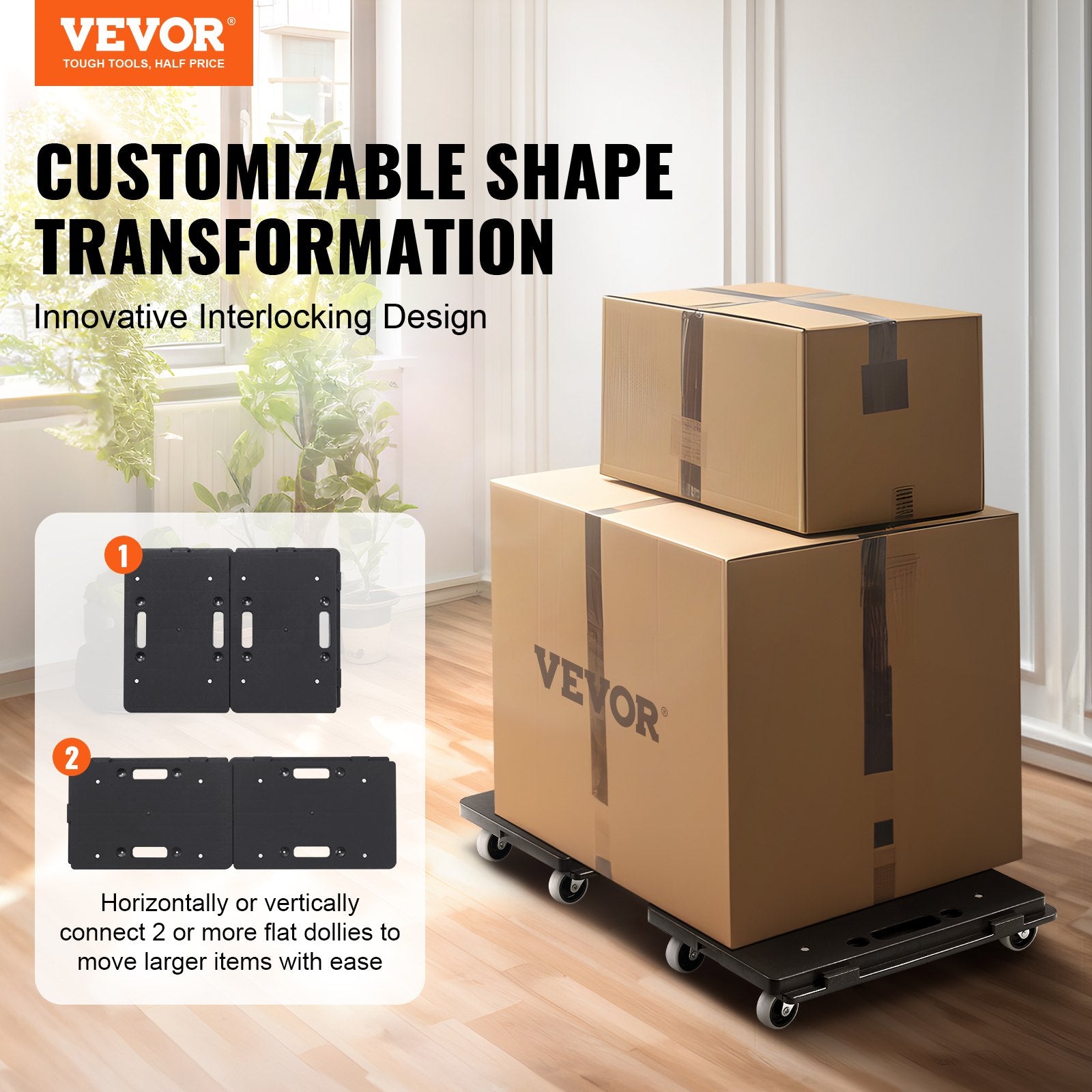 Furniture Dolly, 500 lbs Capacity Each Count, Furniture Mover with Wheels, Portable Moving Rollers 4 Wheels Heavy Duty, Small Flat Dolly Cart with Interlocking for Heavy Furniture, 2 Pack, Black