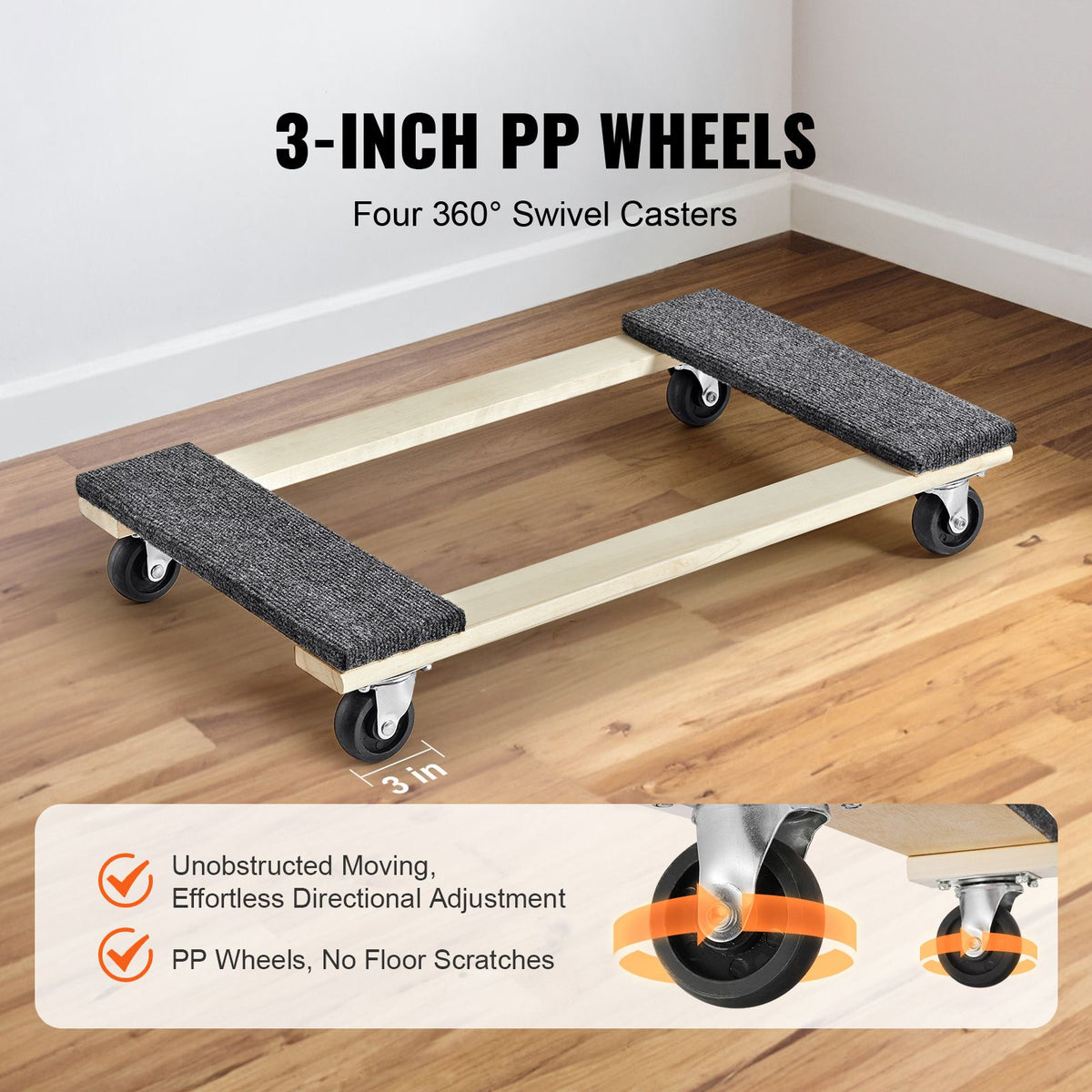 Furniture Dolly, 454kg Load Capacity, 457.2x762mm, 4x76mm PP Swivel Casters, Heavy Duty Hardwood Furniture Moving Dolly, Mover's Dolly, Moving Cart with Wheels for Heavy Furniture Home Cleaning