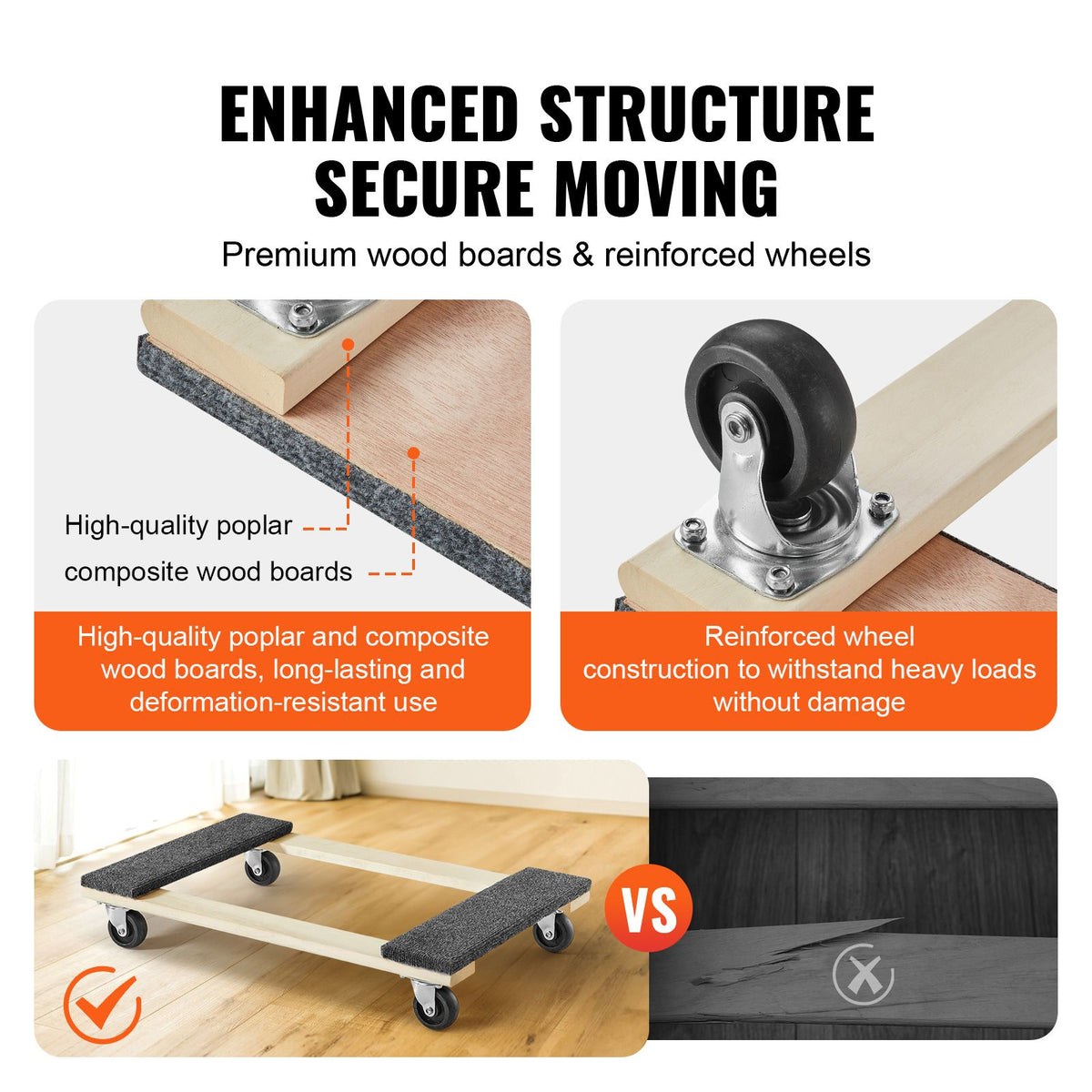 Furniture Dolly, 454kg Load Capacity, 457.2x762mm, 4x76mm PP Swivel Casters, Heavy Duty Hardwood Furniture Moving Dolly, Mover's Dolly, Moving Cart with Wheels for Heavy Furniture Home Cleaning