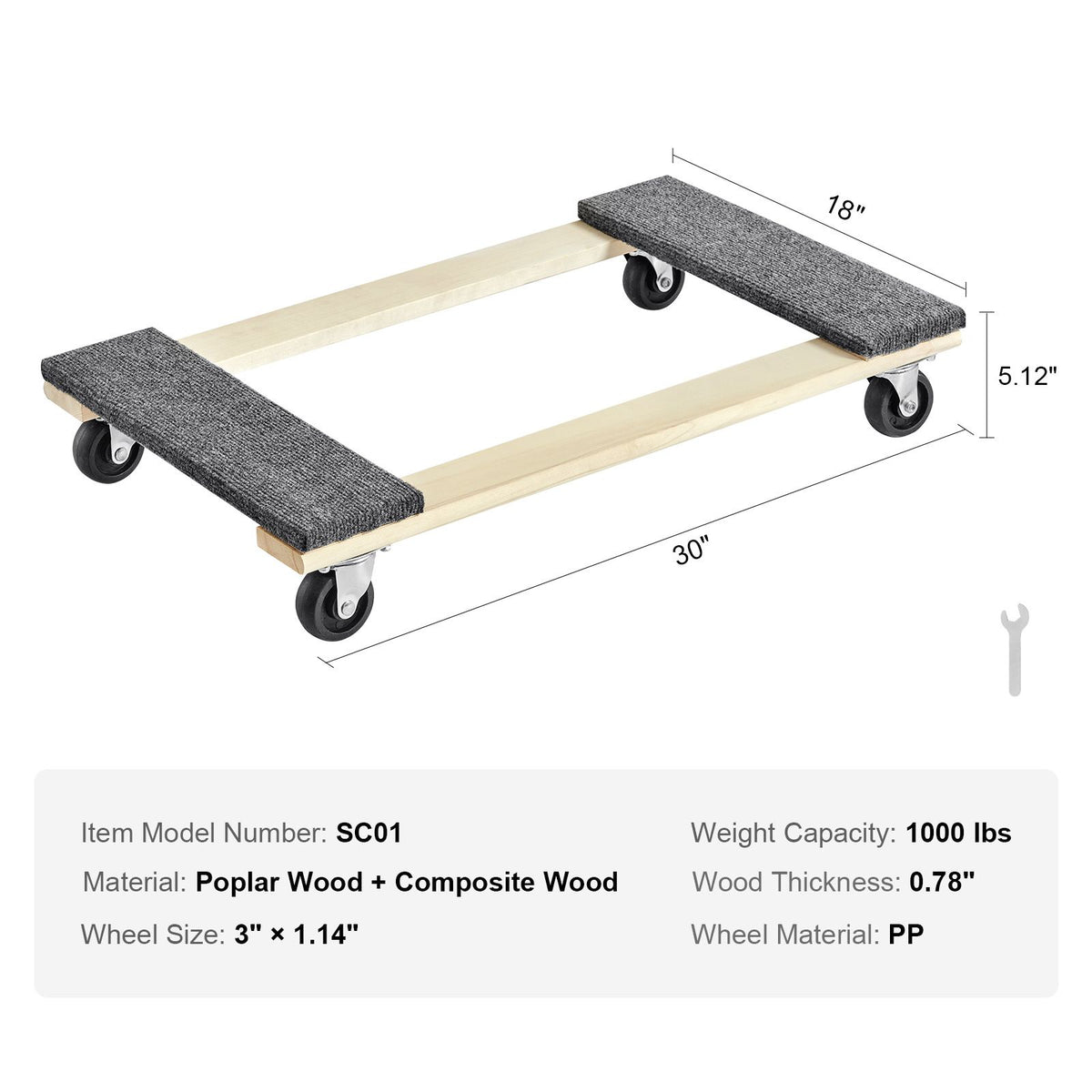 Furniture Dolly, 454kg Load Capacity, 457.2x762mm, 4x76mm PP Swivel Casters, Heavy Duty Hardwood Furniture Moving Dolly, Mover's Dolly, Moving Cart with Wheels for Heavy Furniture Home Cleaning