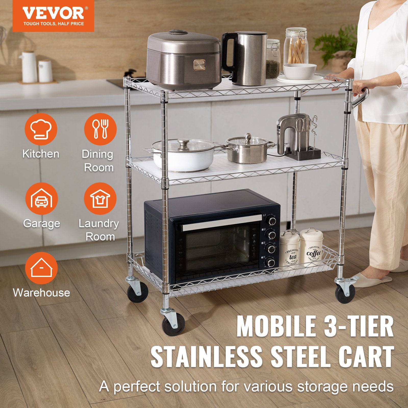Kitchen & Dining Trolleys: VEVOR Kitchen Utility Cart, 3 Tiers, Wire Rolling Cart, Steel Service Cart on Wheels, Metal Storage Trolley with 80mm Basket Curved Handle PP Liner 6 Hooks, for Indoor and Outdoor
