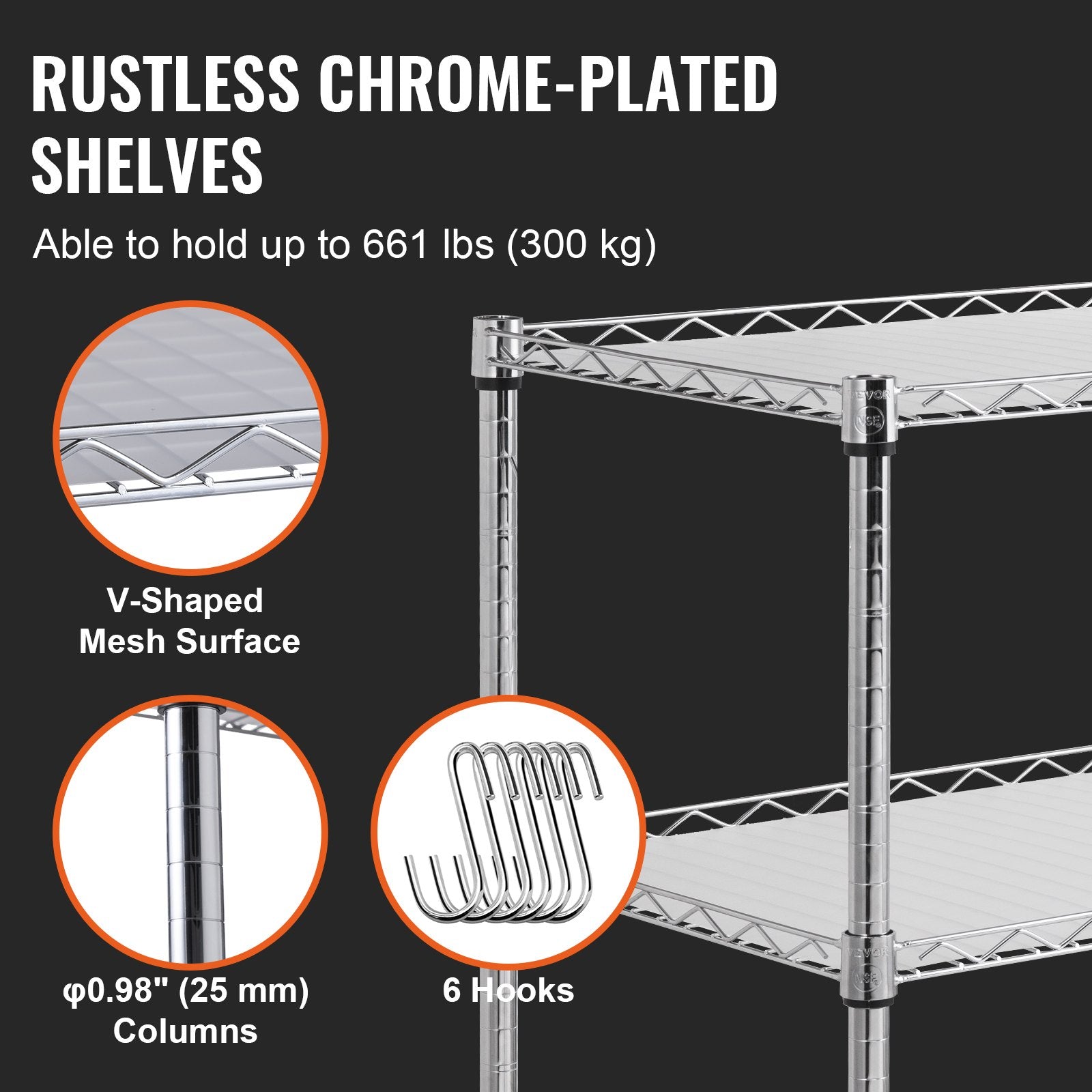 Kitchen & Dining Trolleys: VEVOR Kitchen Utility Cart, 3 Tiers, Wire Rolling Cart, Steel Service Cart on Wheels, Metal Storage Trolley with 80mm Basket Curved Handle PP Liner 6 Hooks, for Indoor and Outdoor