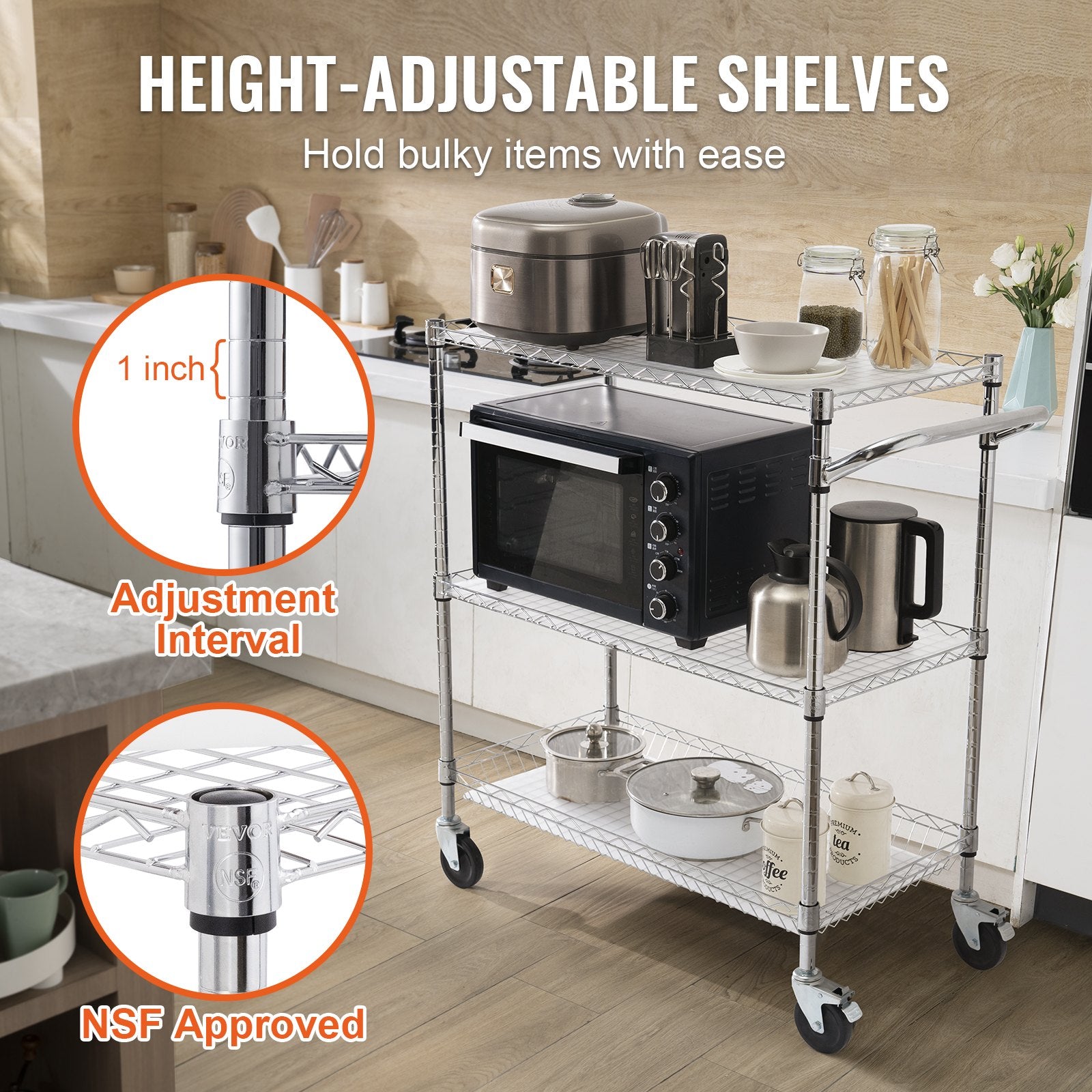 Kitchen & Dining Trolleys: VEVOR Kitchen Utility Cart, 3 Tiers, Wire Rolling Cart, Steel Service Cart on Wheels, Metal Storage Trolley with 80mm Basket Curved Handle PP Liner 6 Hooks, for Indoor and Outdoor