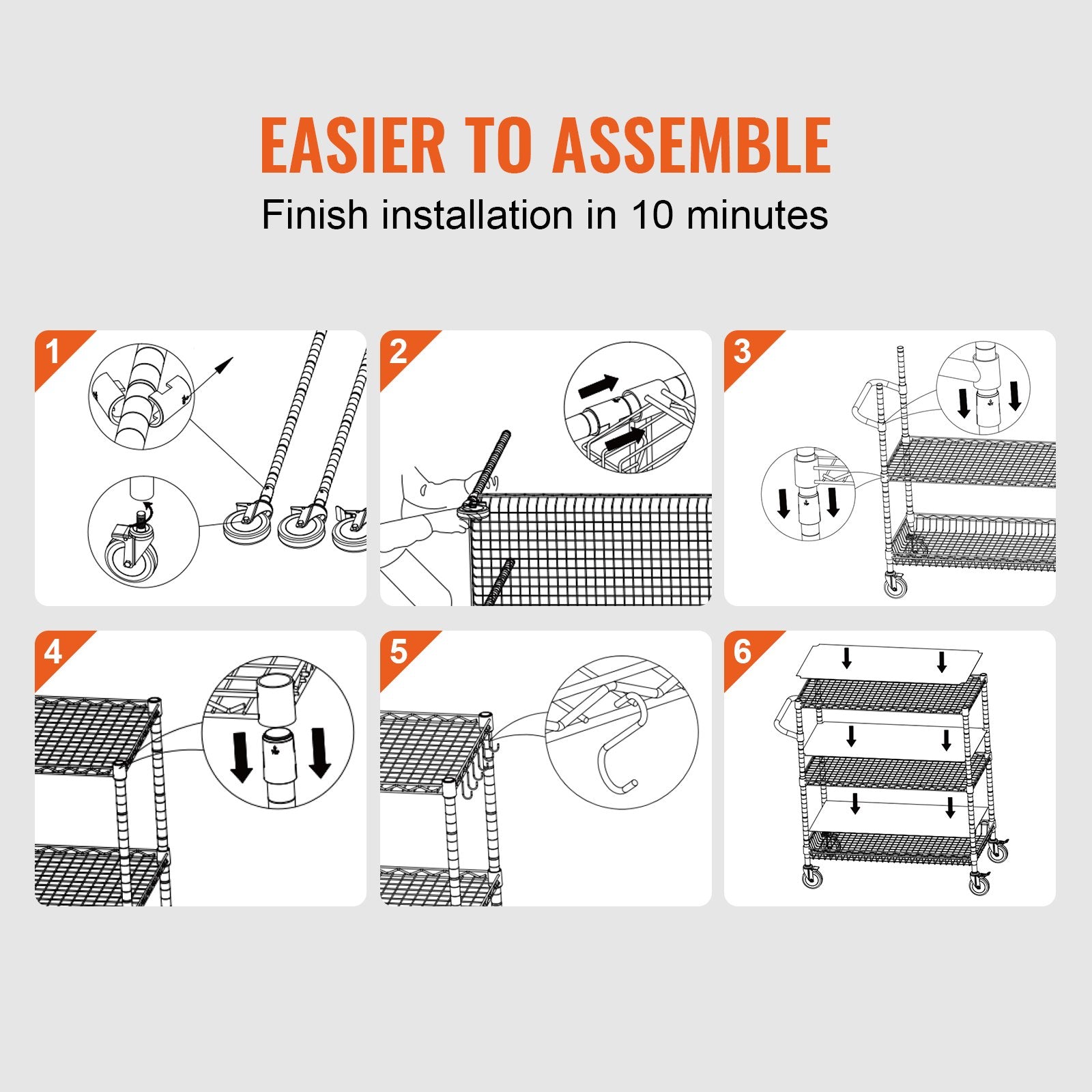 Kitchen & Dining Trolleys: VEVOR Kitchen Utility Cart, 3 Tiers, Wire Rolling Cart, Steel Service Cart on Wheels, Metal Storage Trolley with 80mm Basket Curved Handle PP Liner 6 Hooks, for Indoor and Outdoor