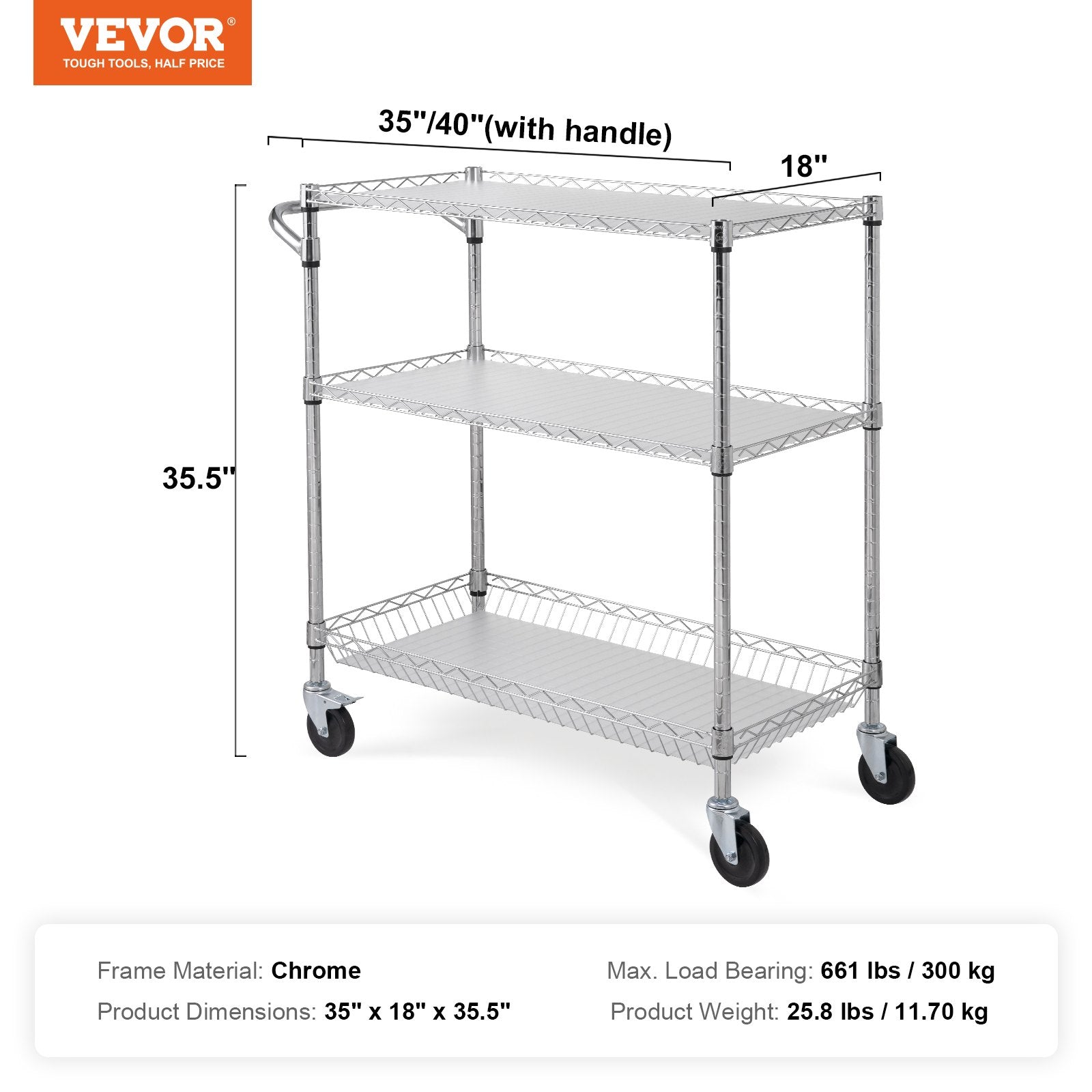Kitchen & Dining Trolleys: VEVOR Kitchen Utility Cart, 3 Tiers, Wire Rolling Cart, Steel Service Cart on Wheels, Metal Storage Trolley with 80mm Basket Curved Handle PP Liner 6 Hooks, for Indoor and Outdoor