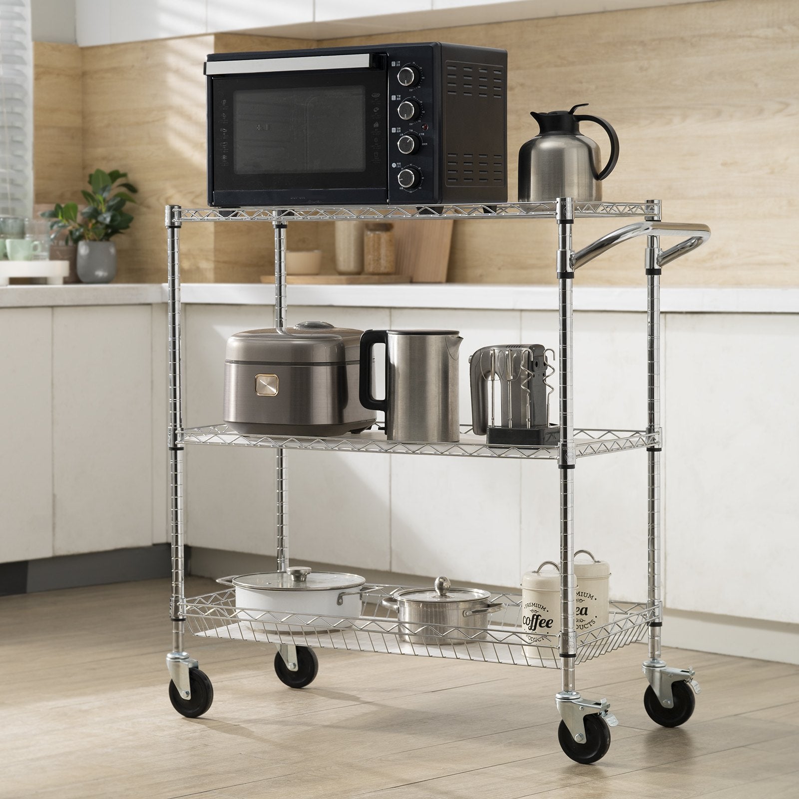 Kitchen & Dining Trolleys: VEVOR Kitchen Utility Cart, 3 Tiers, Wire Rolling Cart, Steel Service Cart on Wheels, Metal Storage Trolley with 80mm Basket Curved Handle PP Liner 6 Hooks, for Indoor and Outdoor