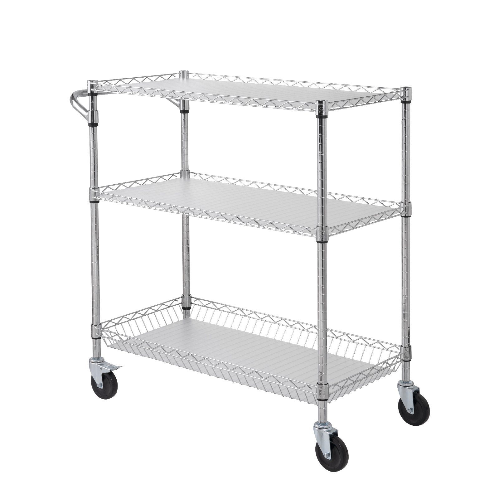 Kitchen & Dining Trolleys: VEVOR Kitchen Utility Cart, 3 Tiers, Wire Rolling Cart, Steel Service Cart on Wheels, Metal Storage Trolley with 80mm Basket Curved Handle PP Liner 6 Hooks, for Indoor and Outdoor