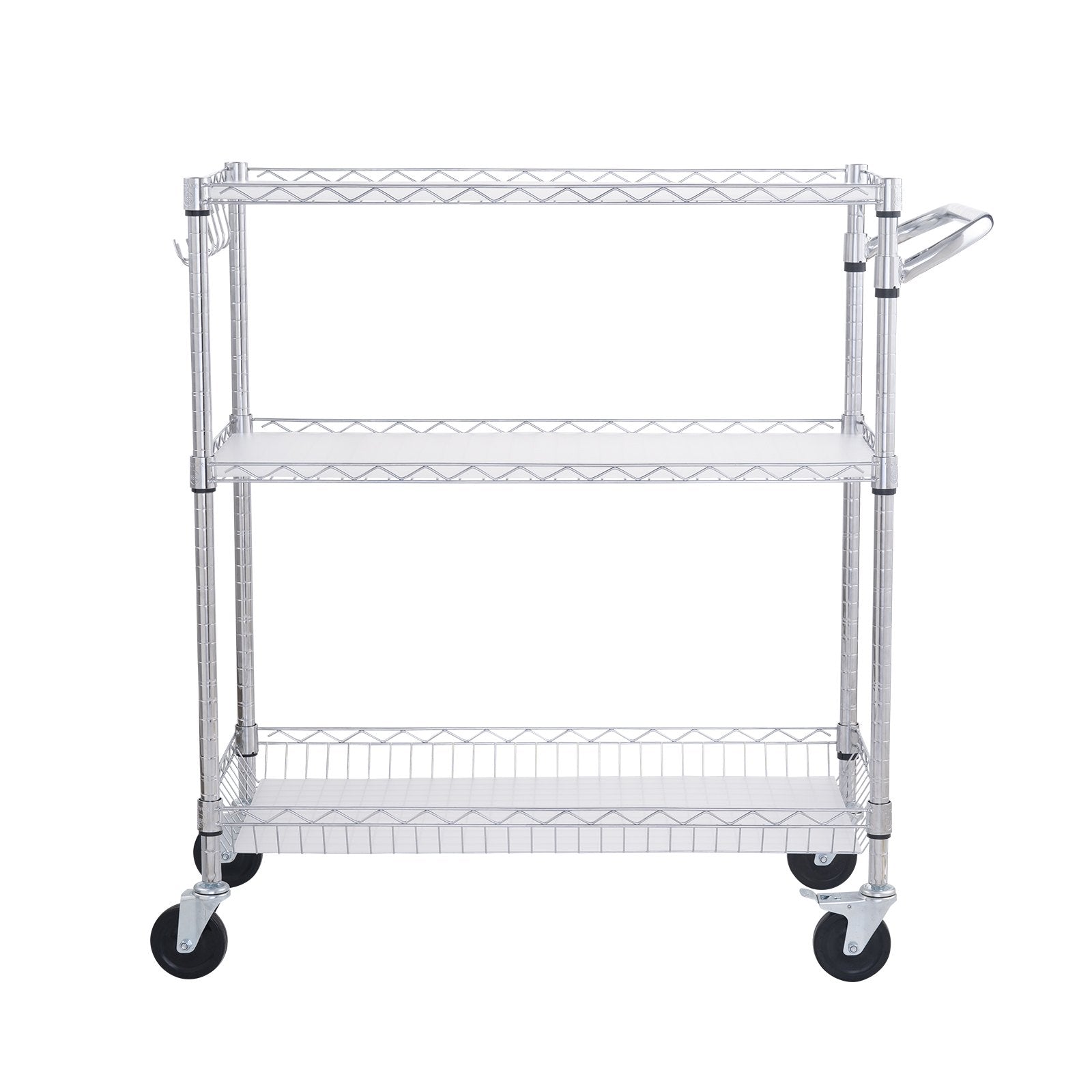 Kitchen & Dining Trolleys: VEVOR Kitchen Utility Cart, 3 Tiers, Wire Rolling Cart, Steel Service Cart on Wheels, Metal Storage Trolley with 80mm Basket Curved Handle PP Liner 6 Hooks, for Indoor and Outdoor