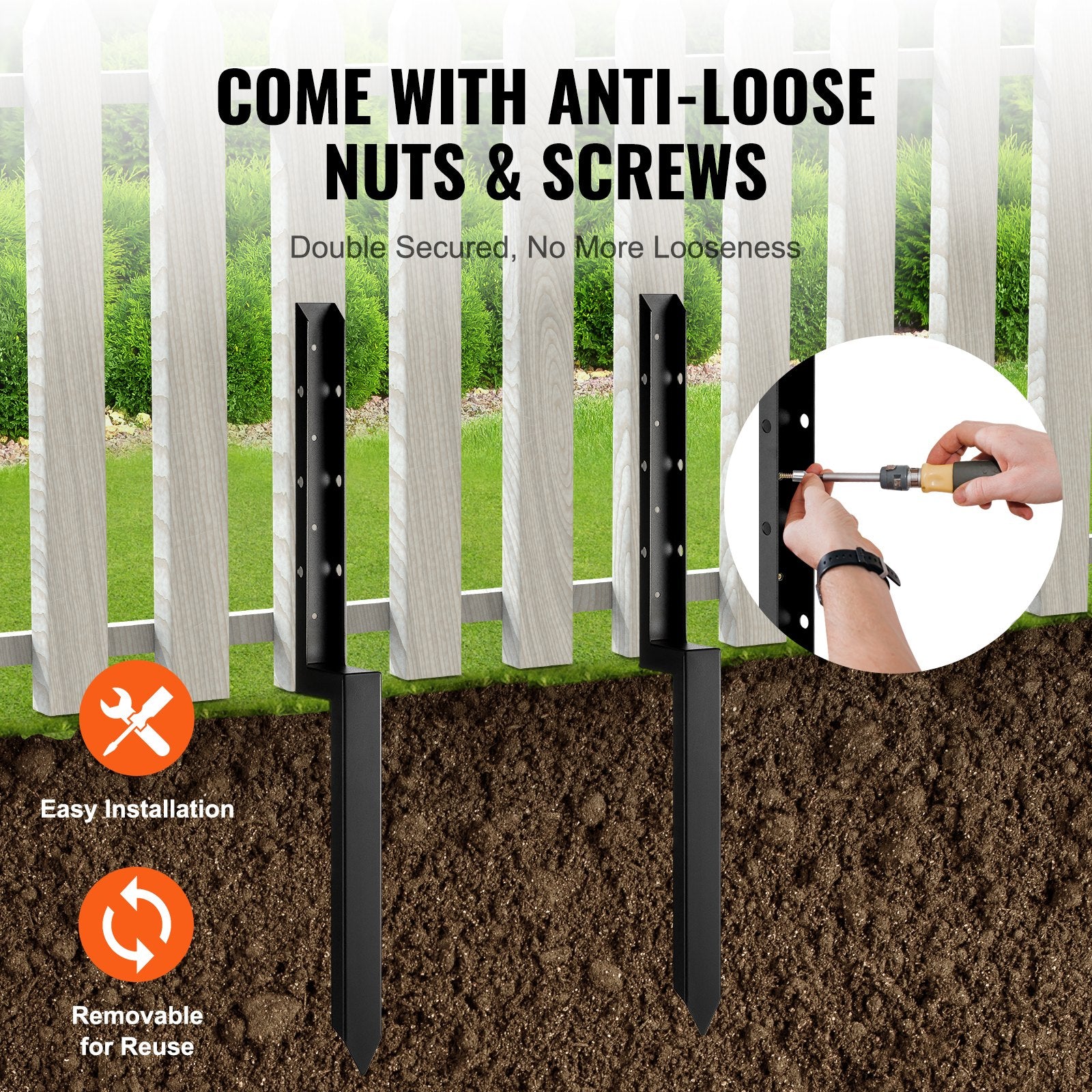 Fencing: VEVOR Fence Post Anchor Repair Kit, 2 Pack Inner Diameter 5 x5 cm Heavy Duty Steel Fence Post Support Stakes, Anchor Ground Spike for Repair Tilted, Broken Wood Fence Post