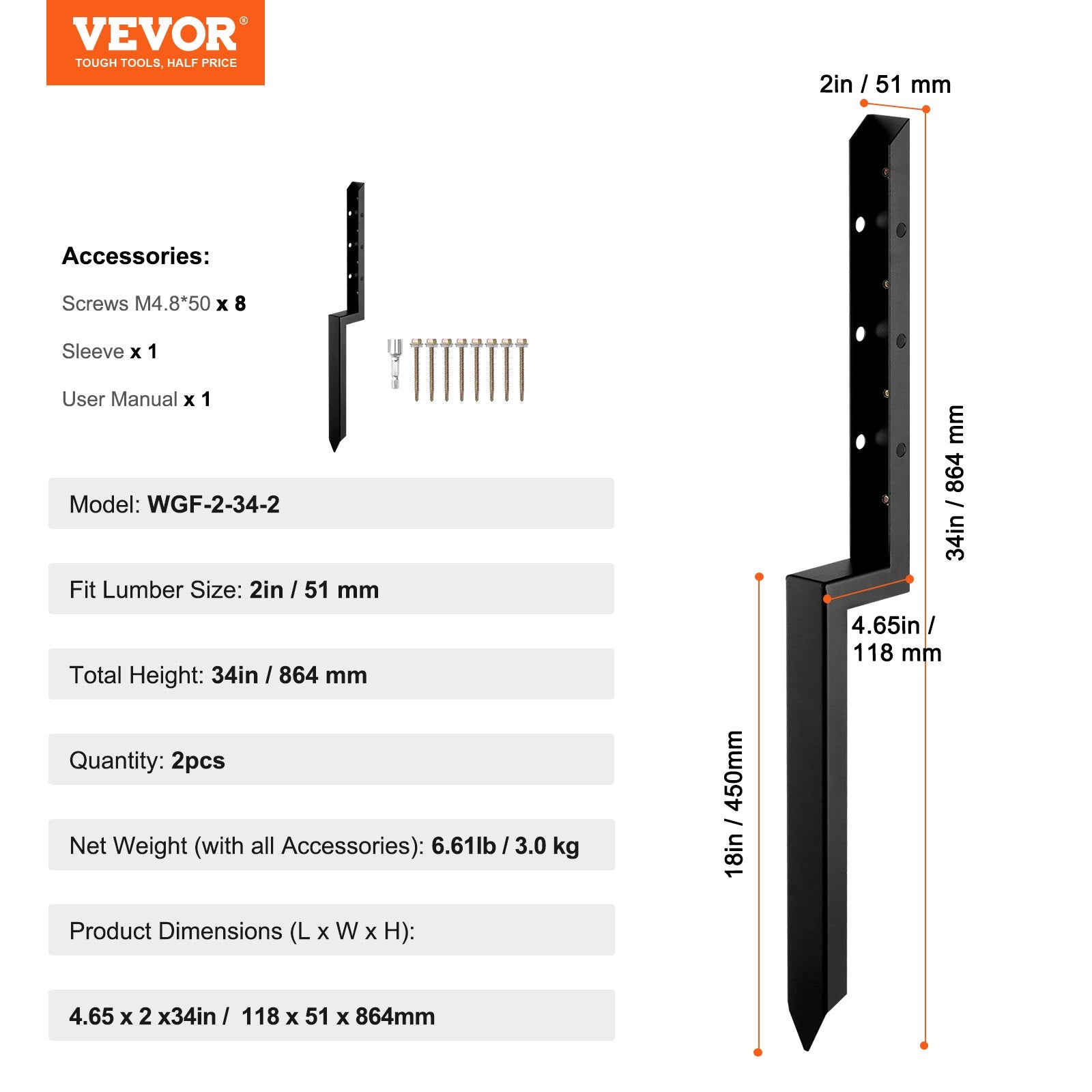 Fencing: VEVOR Fence Post Anchor Repair Kit, 2 Pack Inner Diameter 5 x5 cm Heavy Duty Steel Fence Post Support Stakes, Anchor Ground Spike for Repair Tilted, Broken Wood Fence Post