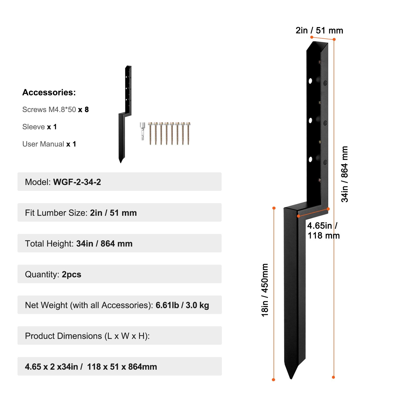 Fencing: VEVOR Fence Post Anchor Repair Kit, 2 Pack Inner Diameter 5 x5 cm Heavy Duty Steel Fence Post Support Stakes, Anchor Ground Spike for Repair Tilted, Broken Wood Fence Post