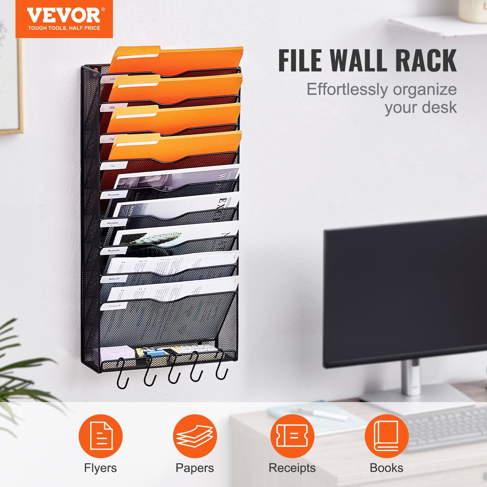 Clothing & Wardrobe Storage: VEVOR File Wall Rack Mesh Wall File Holder 1-Piece 10 Pockets for Office/School