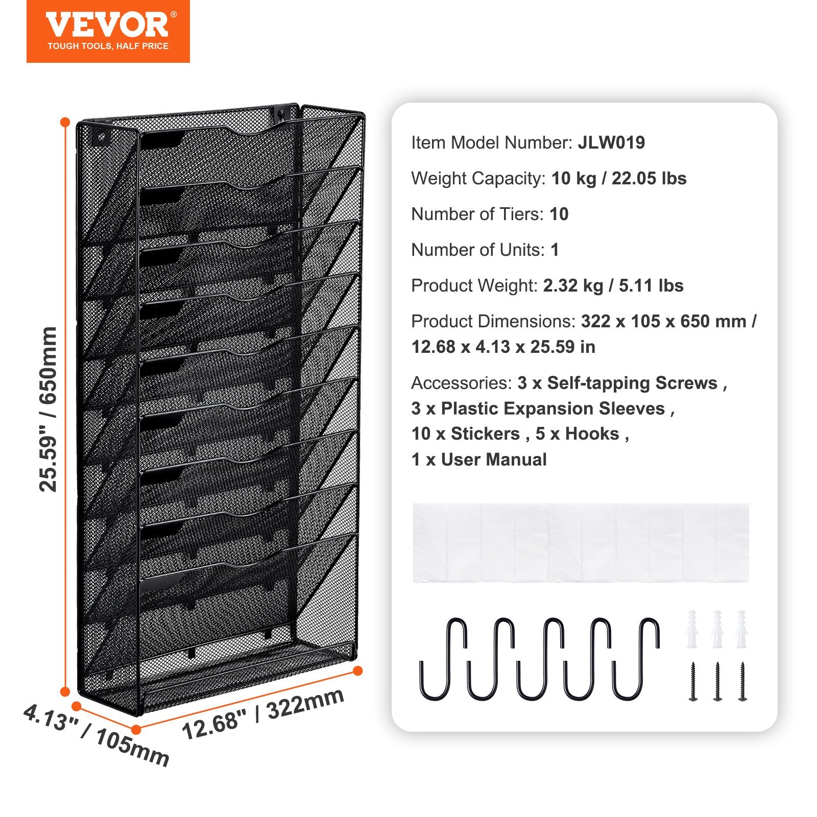 Clothing & Wardrobe Storage: VEVOR File Wall Rack Mesh Wall File Holder 1-Piece 10 Pockets for Office/School