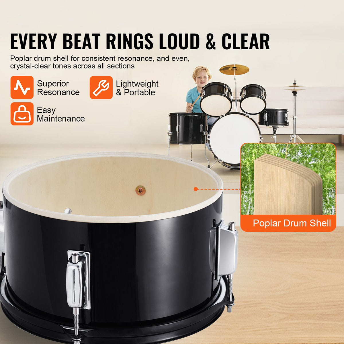 Kids Drum Set, 5-Piece, 406.4 mm Beginner Full Drum Set with Bass Toms Snare Floor Drum Adjustable Throne Cymbal Hi-Hat Pedal and Two Pairs of Drumsticks, Starter Drum Kit for Child Kids, Black