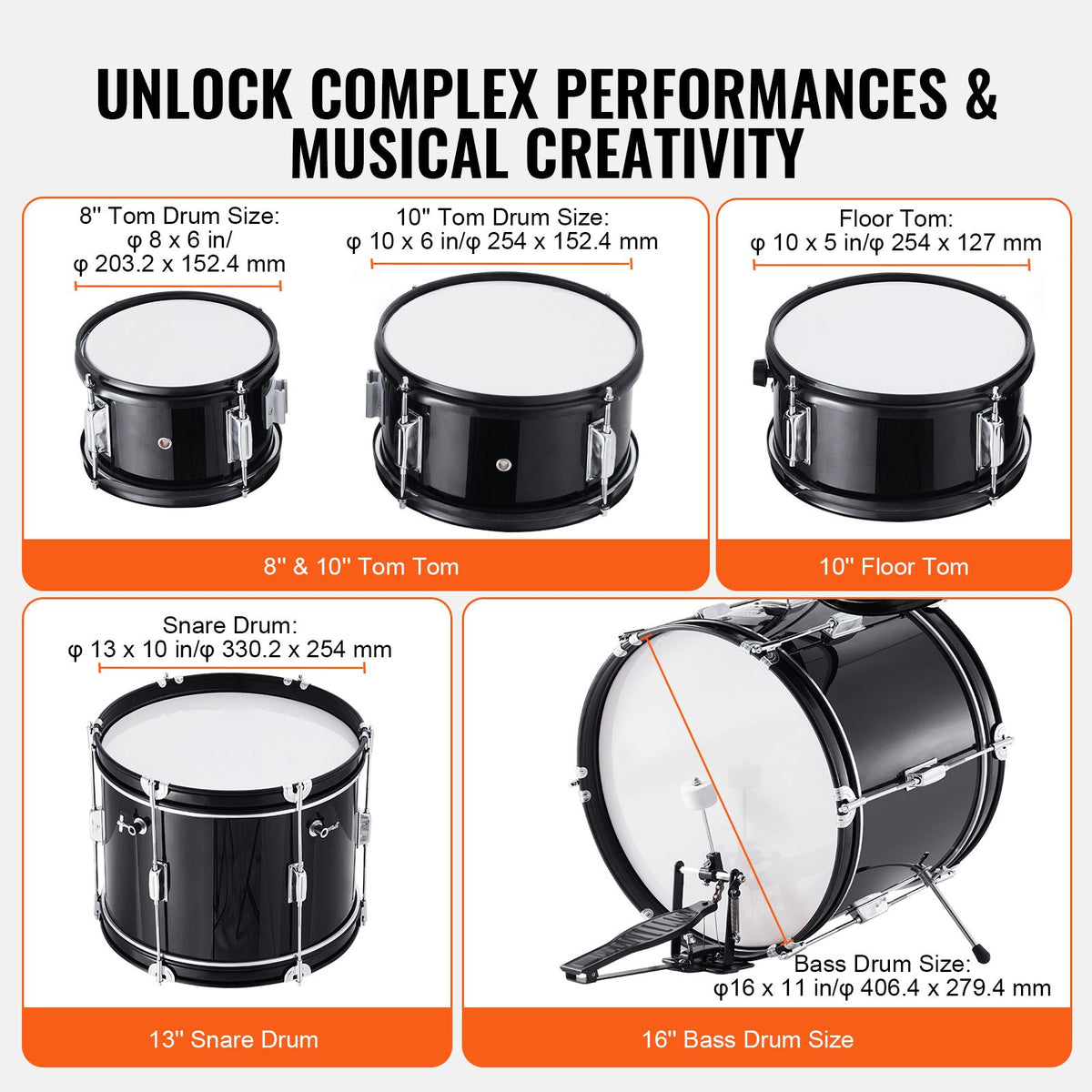 Kids Drum Set, 5-Piece, 406.4 mm Beginner Full Drum Set with Bass Toms Snare Floor Drum Adjustable Throne Cymbal Hi-Hat Pedal and Two Pairs of Drumsticks, Starter Drum Kit for Child Kids, Black