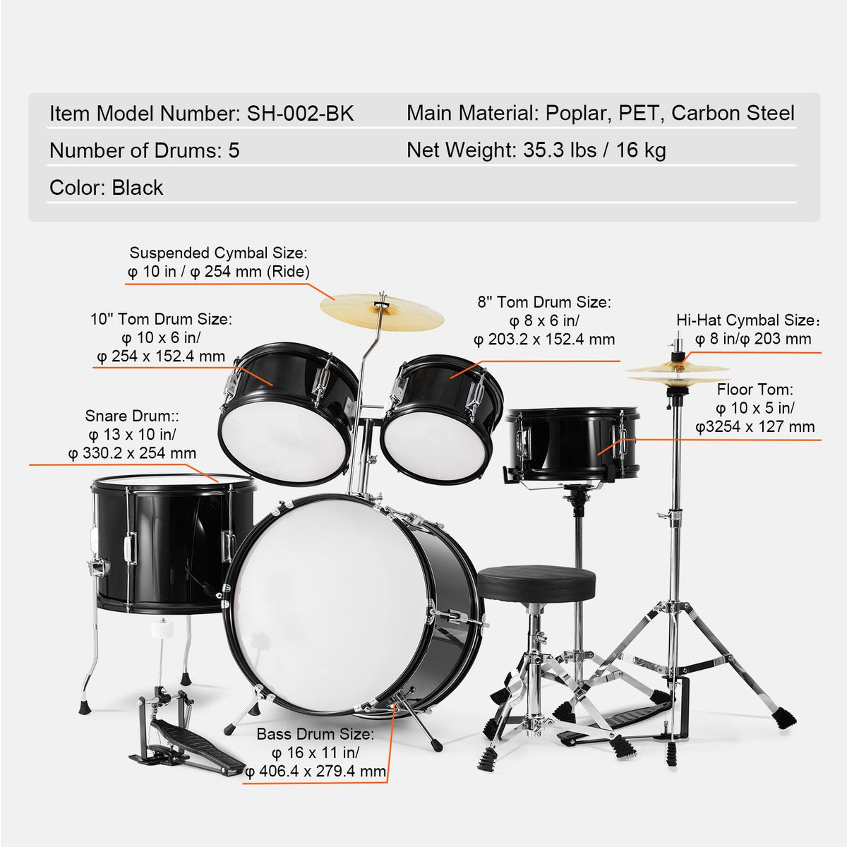 Kids Drum Set, 5-Piece, 406.4 mm Beginner Full Drum Set with Bass Toms Snare Floor Drum Adjustable Throne Cymbal Hi-Hat Pedal and Two Pairs of Drumsticks, Starter Drum Kit for Child Kids, Black