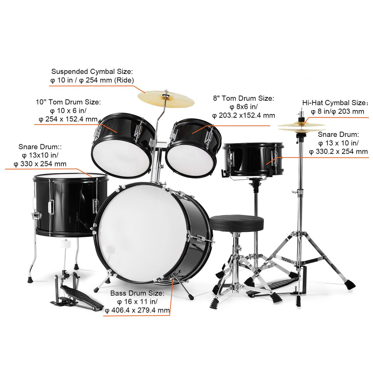 Kids Drum Set, 5-Piece, 406.4 mm Beginner Full Drum Set with Bass Toms Snare Floor Drum Adjustable Throne Cymbal Hi-Hat Pedal and Two Pairs of Drumsticks, Starter Drum Kit for Child Kids, Black