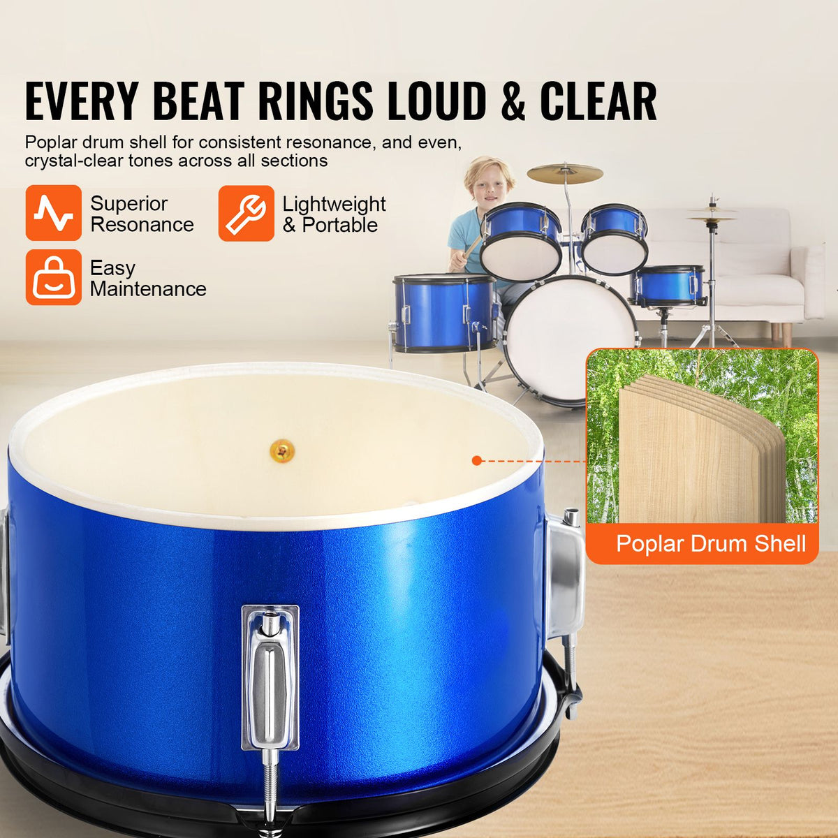 Kids Drum Set, 5-Piece, 406.4 mm Beginner Full Drum Set with Bass Toms Snare Floor Drum Adjustable Throne Cymbal Hi-Hat Pedal and Two Pairs of Drumsticks, Starter Drum Kit for Child Kids, Blue