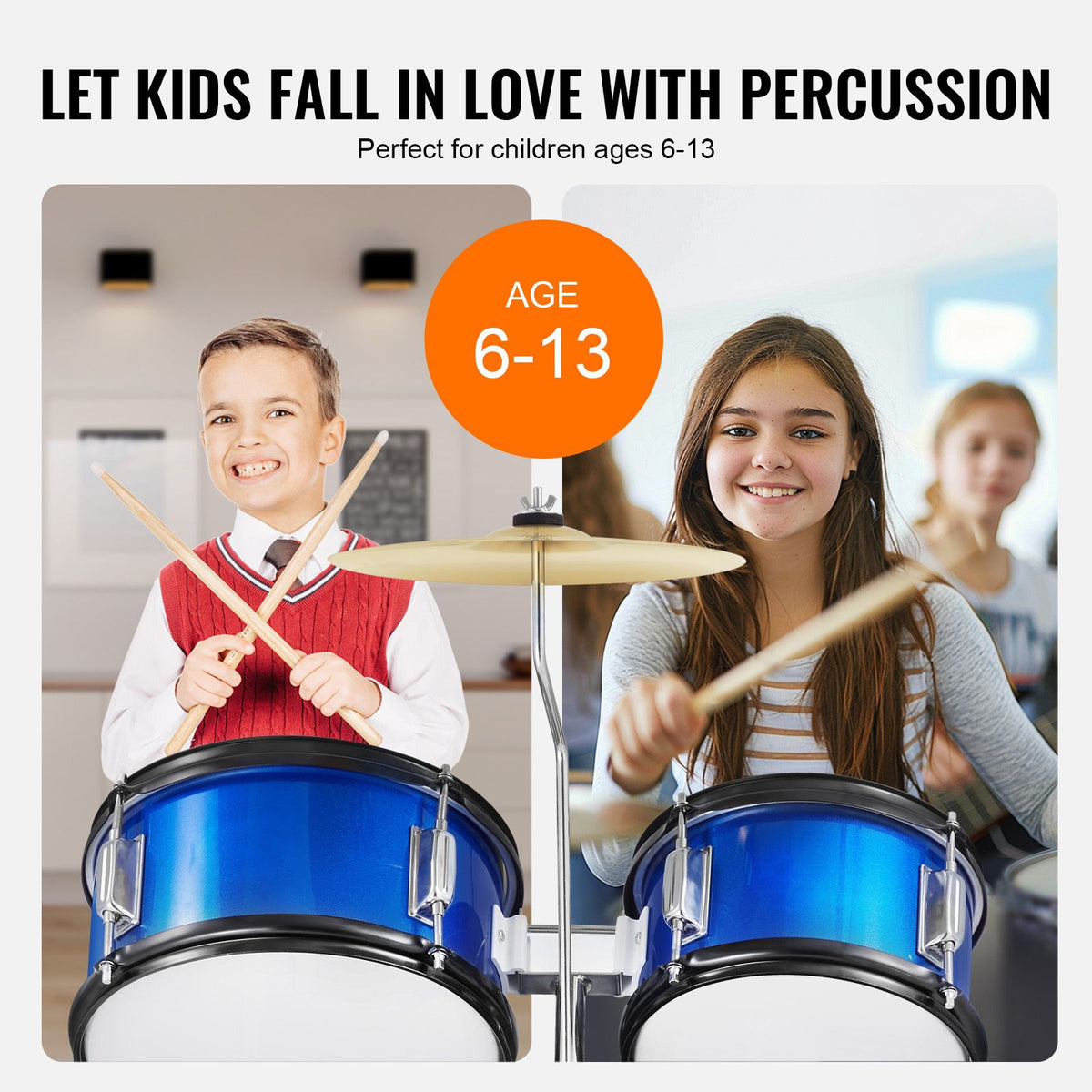 Kids Drum Set, 5-Piece, 406.4 mm Beginner Full Drum Set with Bass Toms Snare Floor Drum Adjustable Throne Cymbal Hi-Hat Pedal and Two Pairs of Drumsticks, Starter Drum Kit for Child Kids, Blue