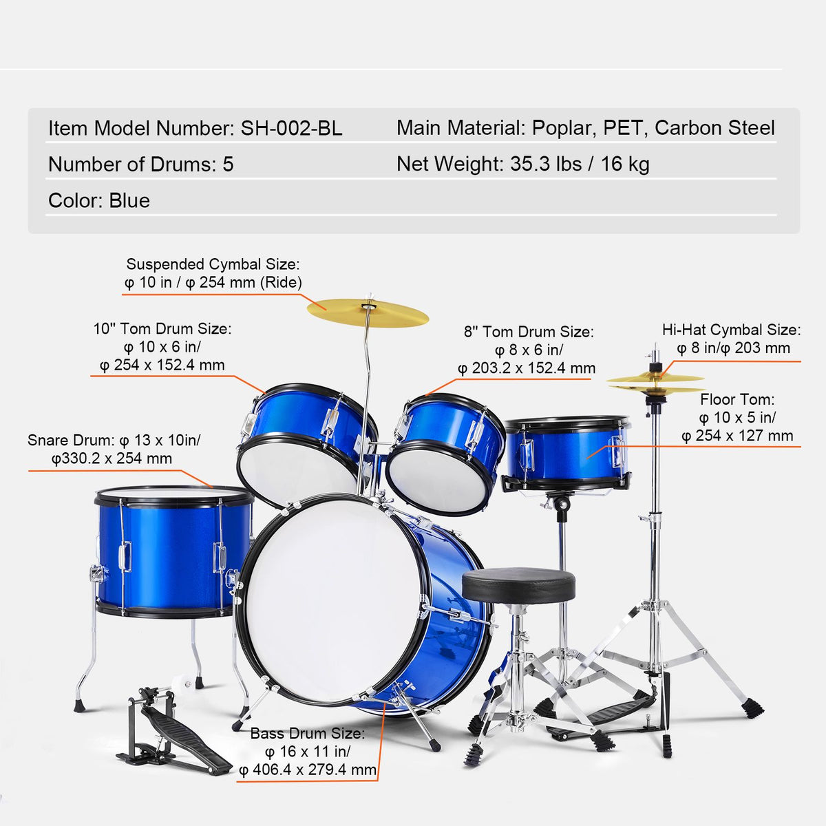 Kids Drum Set, 5-Piece, 406.4 mm Beginner Full Drum Set with Bass Toms Snare Floor Drum Adjustable Throne Cymbal Hi-Hat Pedal and Two Pairs of Drumsticks, Starter Drum Kit for Child Kids, Blue