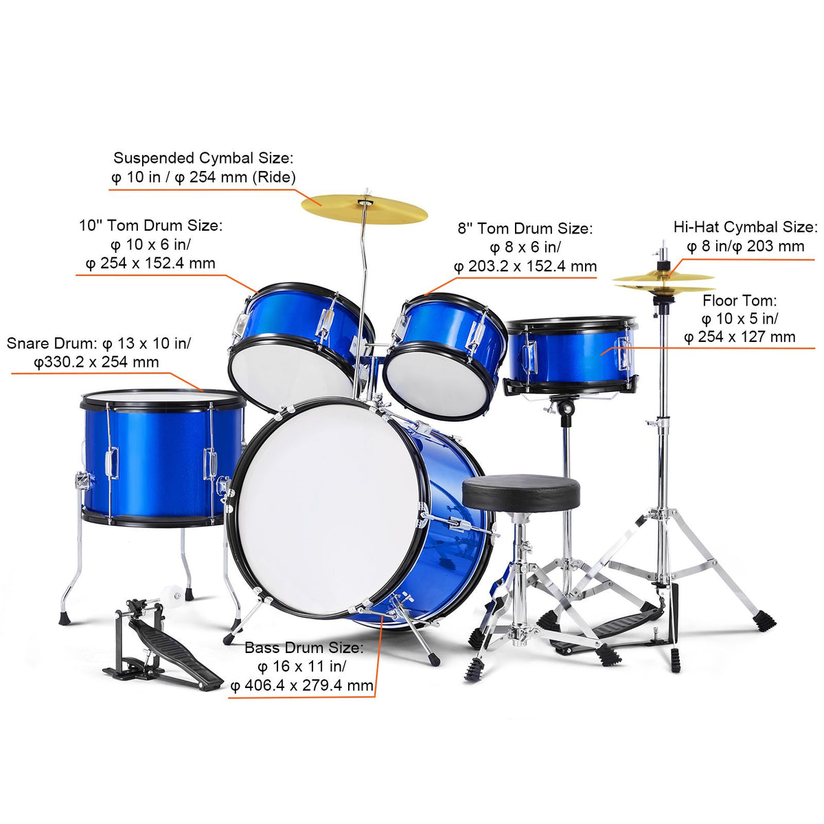 Kids Drum Set, 5-Piece, 406.4 mm Beginner Full Drum Set with Bass Toms Snare Floor Drum Adjustable Throne Cymbal Hi-Hat Pedal and Two Pairs of Drumsticks, Starter Drum Kit for Child Kids, Blue
