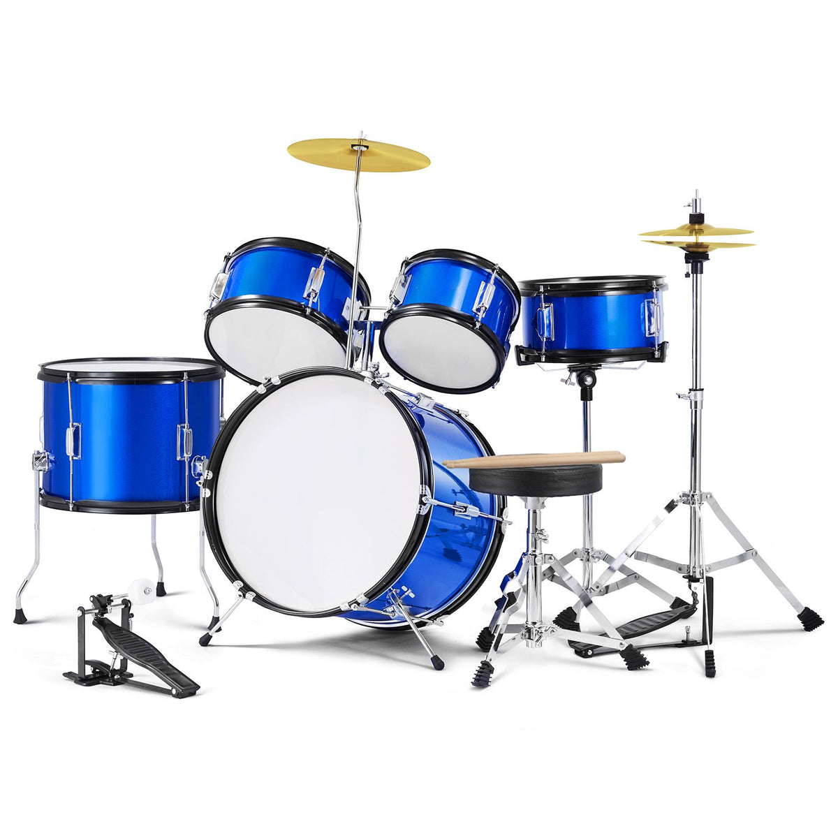 Kids Drum Set, 5-Piece, 406.4 mm Beginner Full Drum Set with Bass Toms Snare Floor Drum Adjustable Throne Cymbal Hi-Hat Pedal and Two Pairs of Drumsticks, Starter Drum Kit for Child Kids, Blue