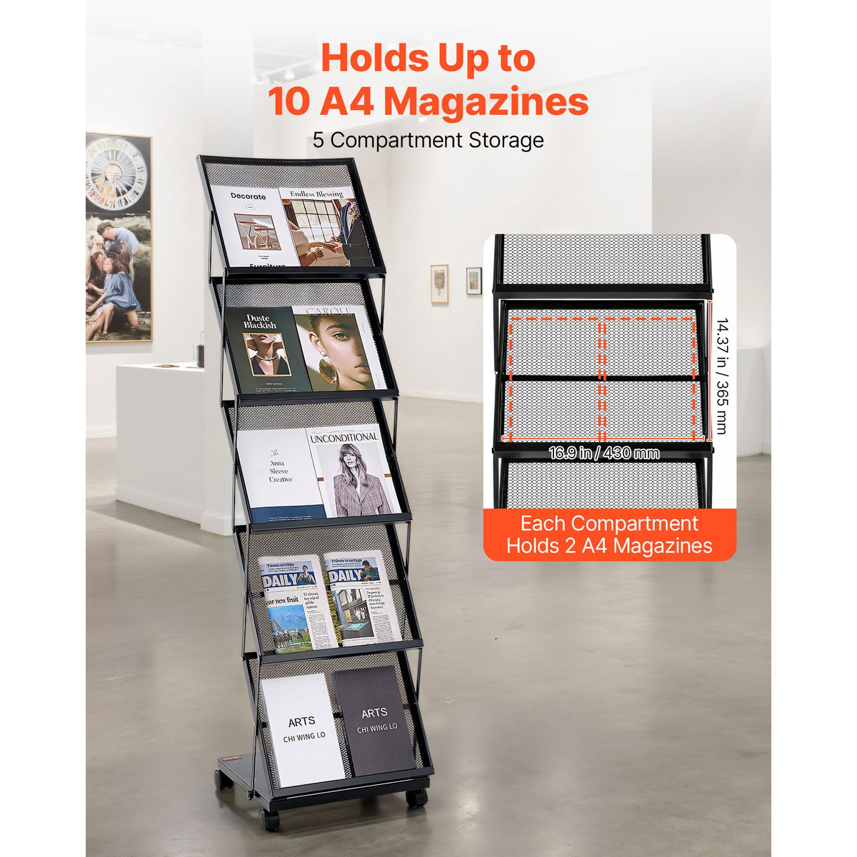 Brochure Display Rack, Foldable 5 Pockets Magazine Literature Display Stand, Movable Floor Standing Magazine Rack with Wheels, Metal Newspaper Catalog Holders for Shop Exhibitions Office Show