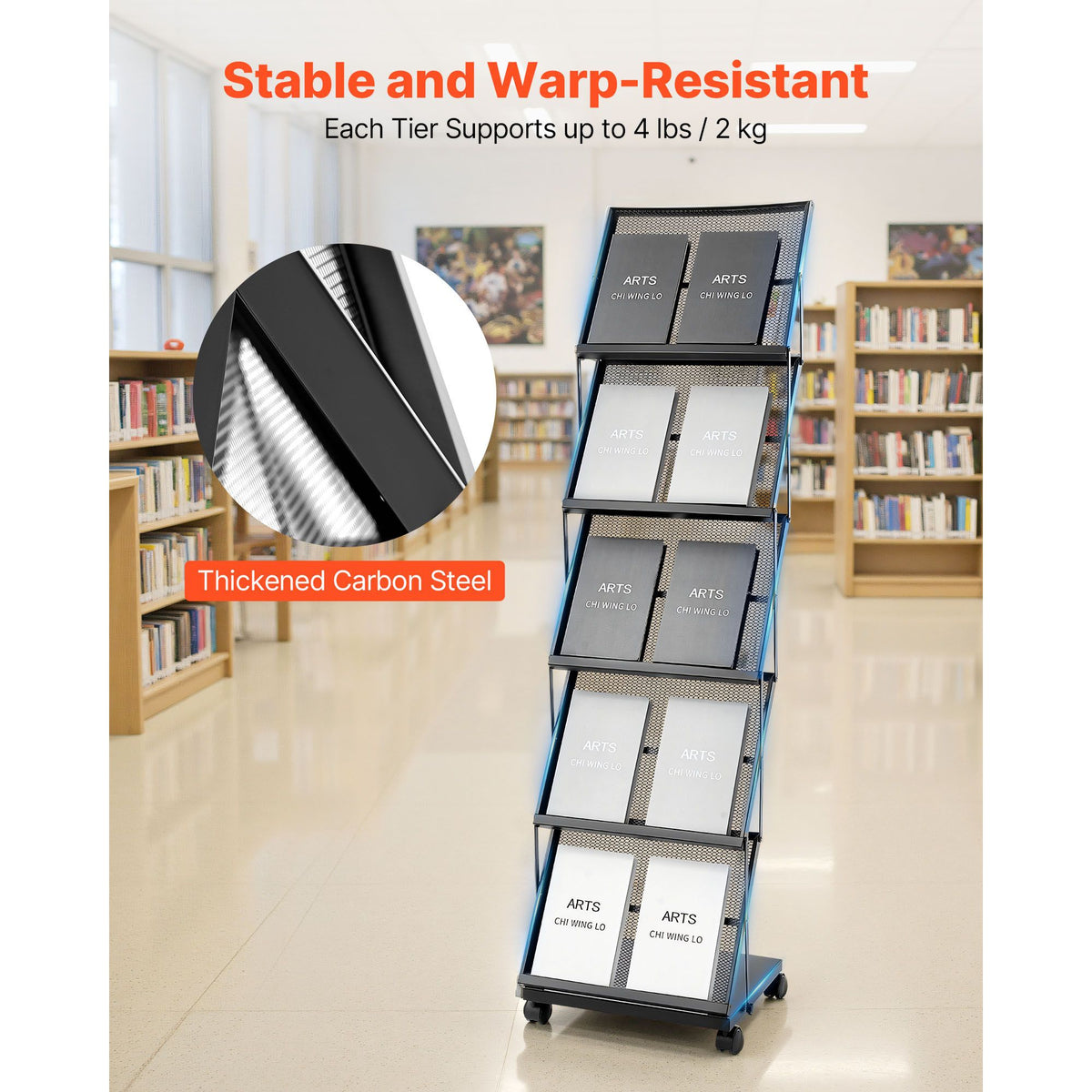 Brochure Display Rack, Foldable 5 Pockets Magazine Literature Display Stand, Movable Floor Standing Magazine Rack with Wheels, Metal Newspaper Catalog Holders for Shop Exhibitions Office Show