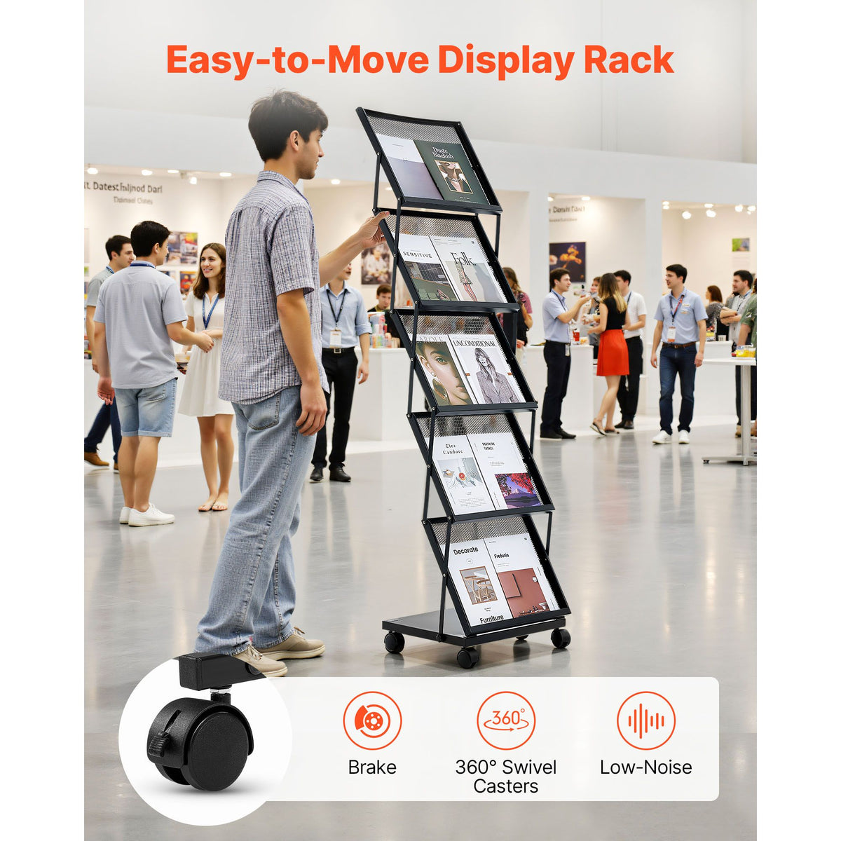 Brochure Display Rack, Foldable 5 Pockets Magazine Literature Display Stand, Movable Floor Standing Magazine Rack with Wheels, Metal Newspaper Catalog Holders for Shop Exhibitions Office Show