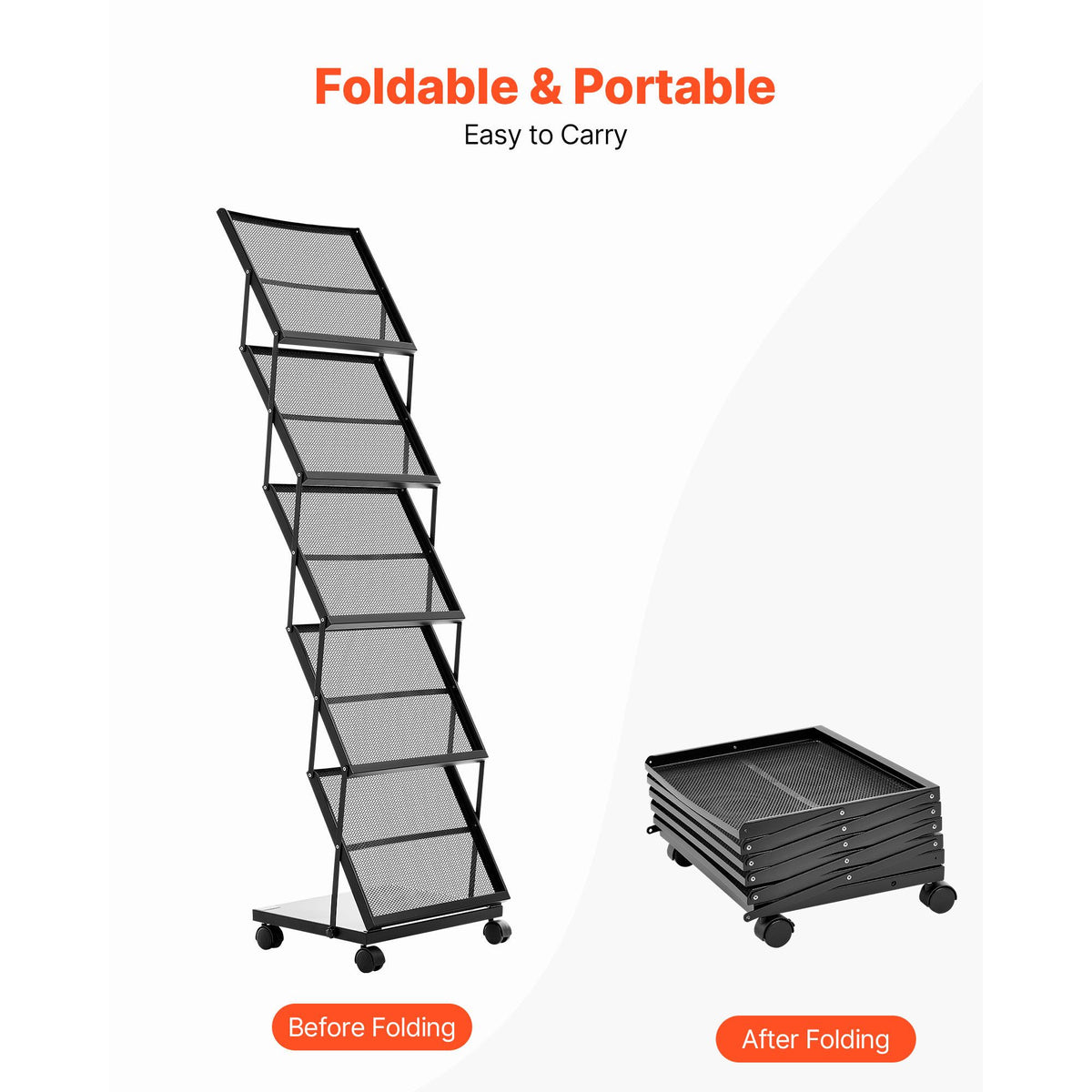 Brochure Display Rack, Foldable 5 Pockets Magazine Literature Display Stand, Movable Floor Standing Magazine Rack with Wheels, Metal Newspaper Catalog Holders for Shop Exhibitions Office Show