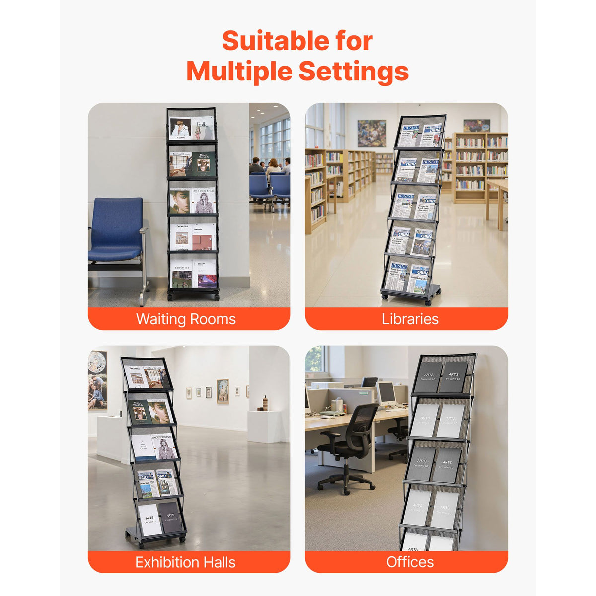 Brochure Display Rack, Foldable 5 Pockets Magazine Literature Display Stand, Movable Floor Standing Magazine Rack with Wheels, Metal Newspaper Catalog Holders for Shop Exhibitions Office Show