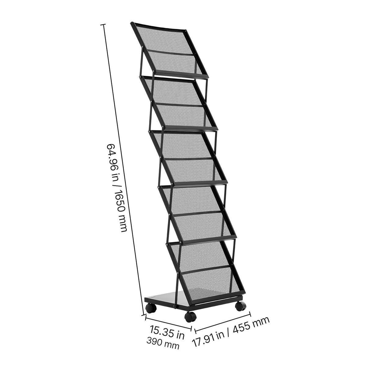 Brochure Display Rack, Foldable 5 Pockets Magazine Literature Display Stand, Movable Floor Standing Magazine Rack with Wheels, Metal Newspaper Catalog Holders for Shop Exhibitions Office Show