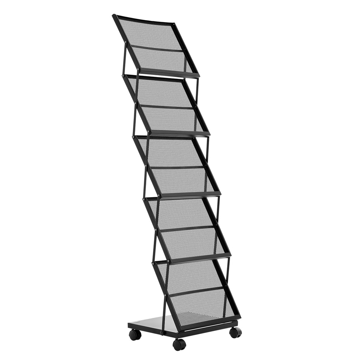 Brochure Display Rack, Foldable 5 Pockets Magazine Literature Display Stand, Movable Floor Standing Magazine Rack with Wheels, Metal Newspaper Catalog Holders for Shop Exhibitions Office Show