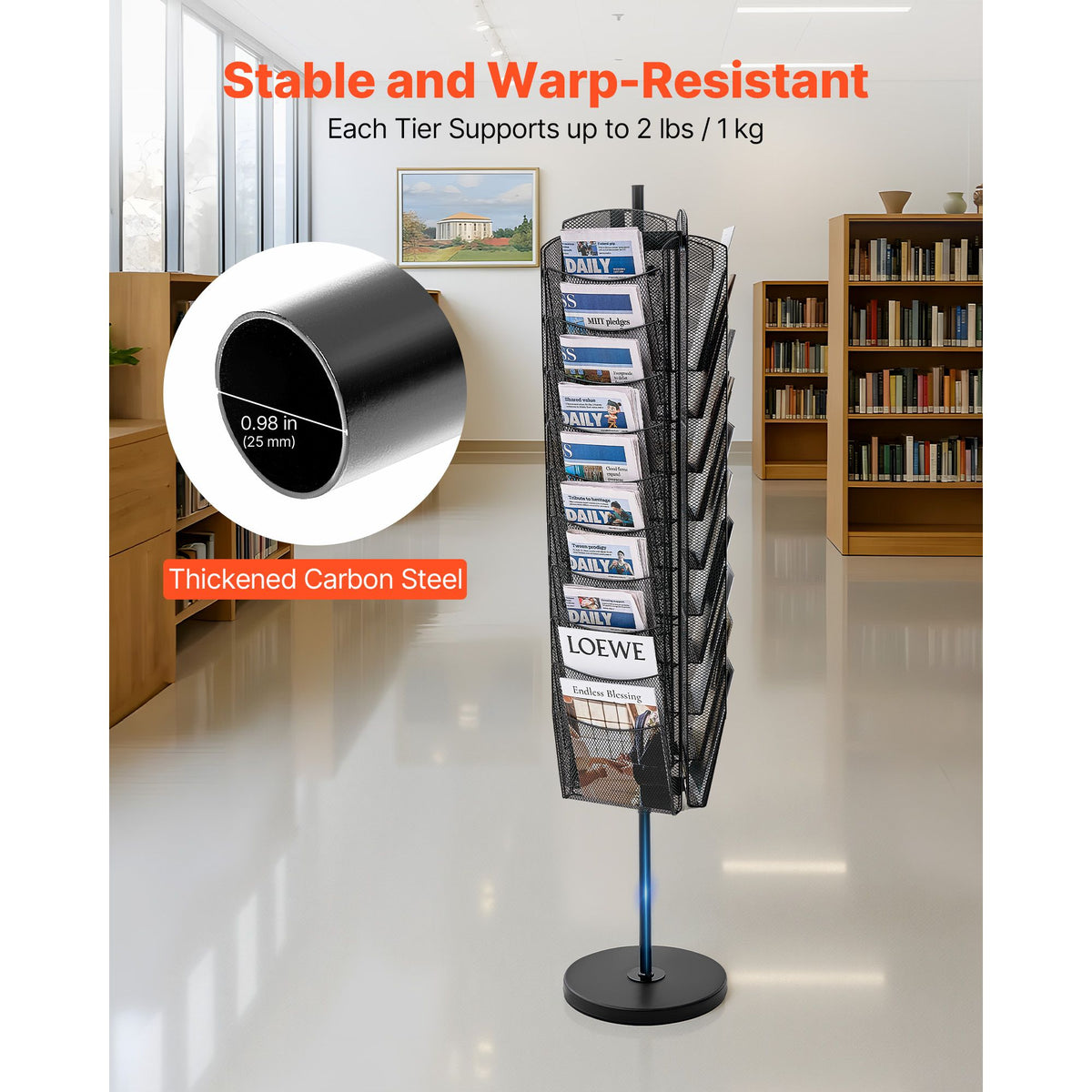 Rotating Brochure Display Rack, 30 Pockets Mesh Magazine Literature Display Stand, Portable Floor Standing Magazine Rack, Metal Newspaper Catalog Holders for Shop Exhibitions Office Trade Show