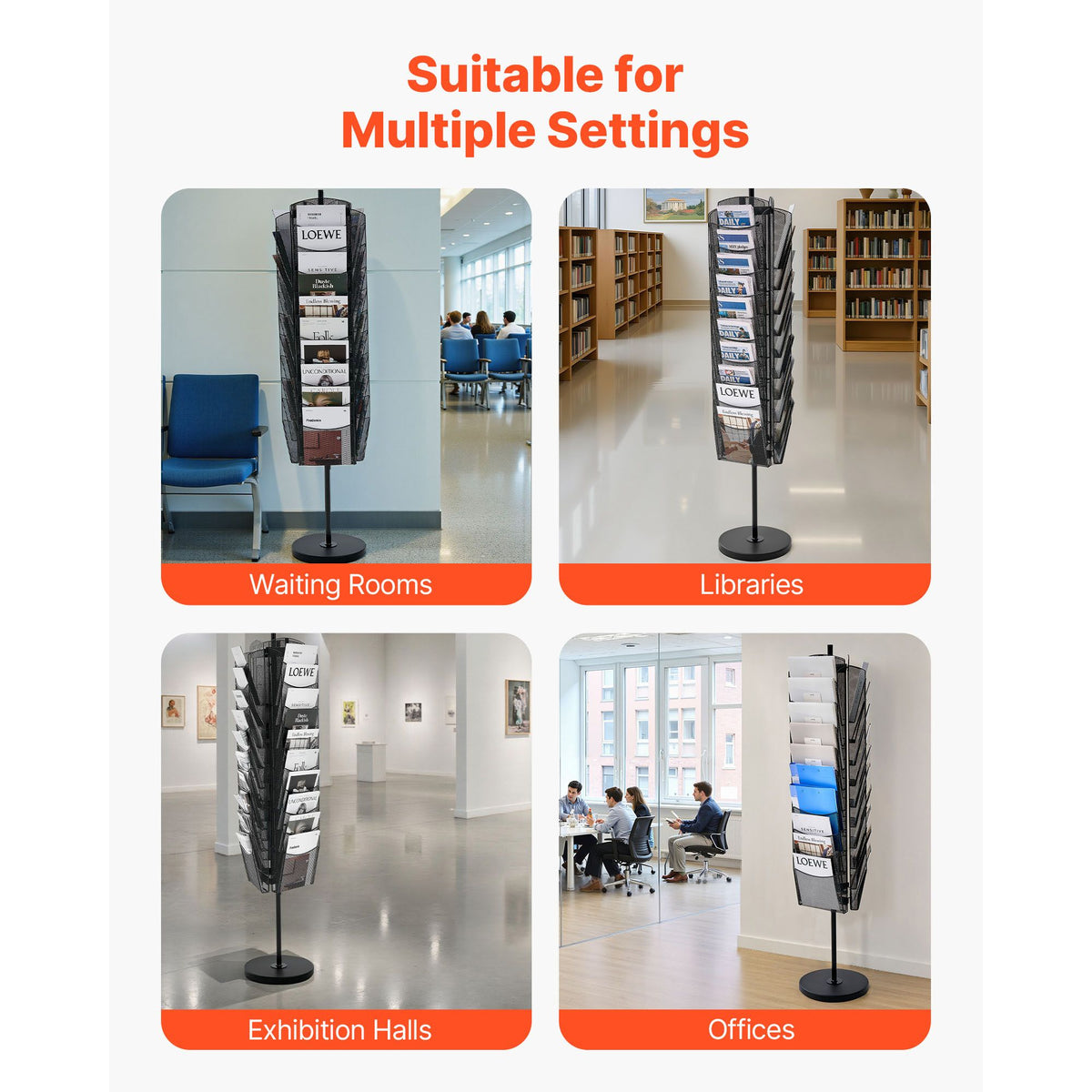 Rotating Brochure Display Rack, 30 Pockets Mesh Magazine Literature Display Stand, Portable Floor Standing Magazine Rack, Metal Newspaper Catalog Holders for Shop Exhibitions Office Trade Show