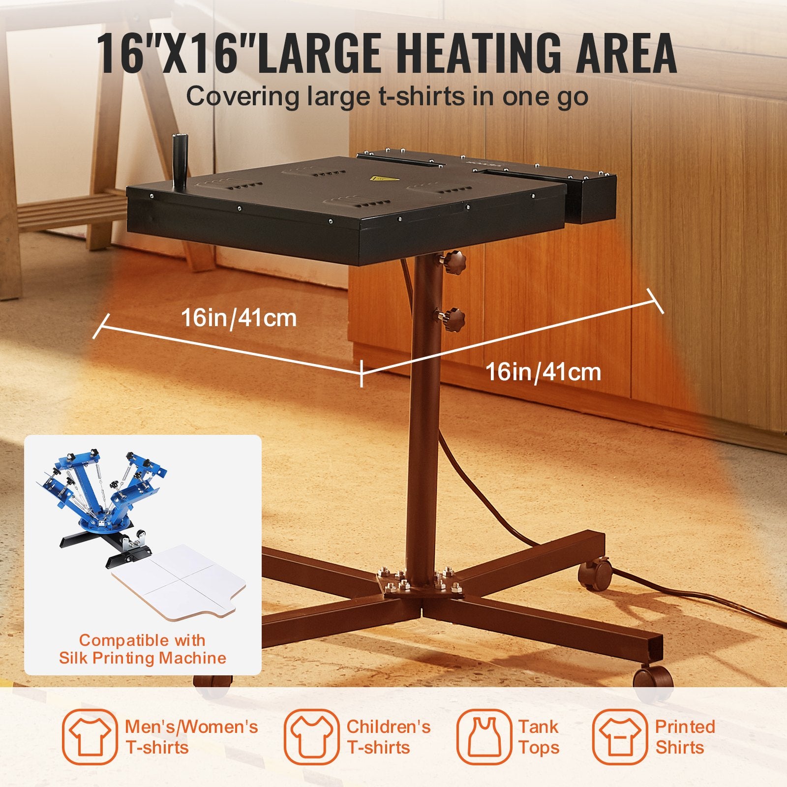 Basketball & Basketball Accessories: VEVOR Flash Dryer, 16 x 16 inch Flash Dryer for Screen Printing, 0-750℉ Temperature Control, High Power Silk Screen Printing Dryer with Height Adjustable Stand, 360° Rotation, T-Shirt Curing Machine