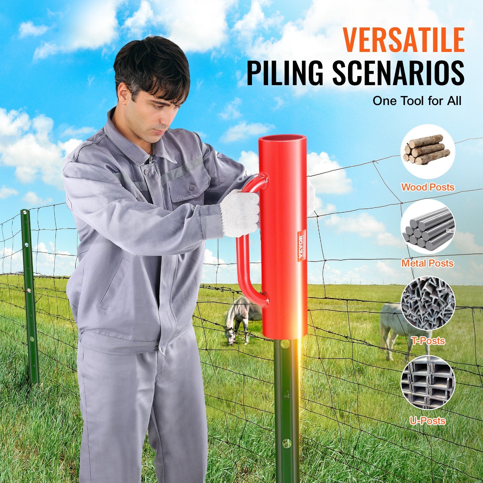 Dog Carriers & Crates: VEVOR Fence Post Driver with Handles, 2.7 in Inner Diameter T Post Pole Pounder, 14LB Heavy Duty Carbon Steel Hand Post Rammer, Farm Fencing Hole Digger for U Channel, Sign Pole, Wooden Post, Red
