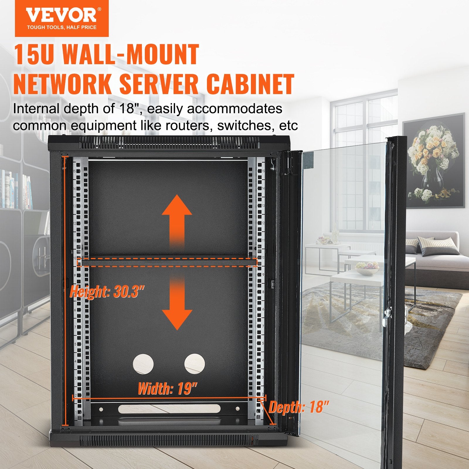 Desktops & Accessories: VEVOR 15U Wall Mount Network Cabinet, 226.8 kg Max. Ground Load Capacity, Server Rack Cabinet Enclosure with Locking Tempered Glass Door, Side Panels, Q235 Carbon Steel, for IT Equipment, A/V Devices