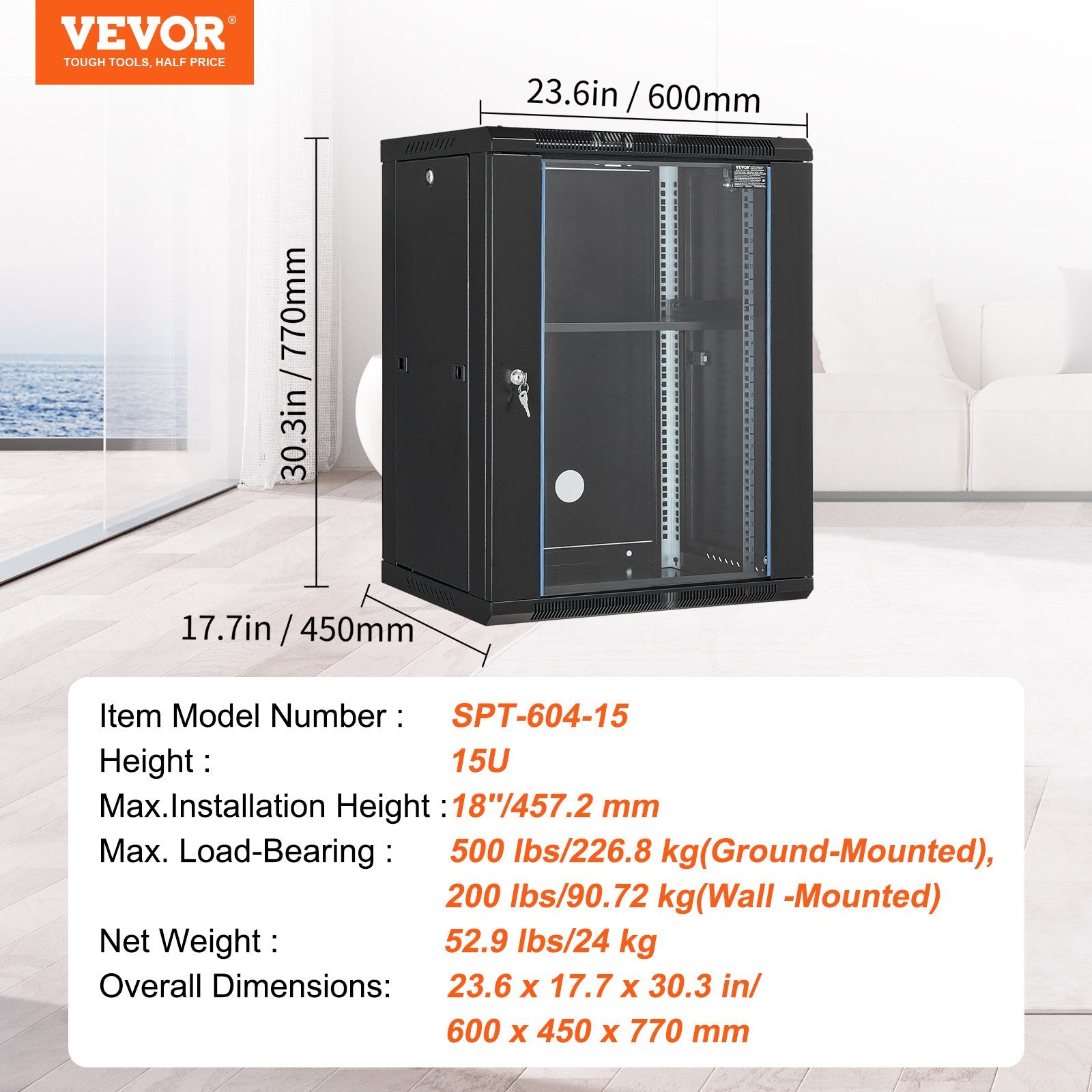 Desktops & Accessories: VEVOR 15U Wall Mount Network Cabinet, 226.8 kg Max. Ground Load Capacity, Server Rack Cabinet Enclosure with Locking Tempered Glass Door, Side Panels, Q235 Carbon Steel, for IT Equipment, A/V Devices