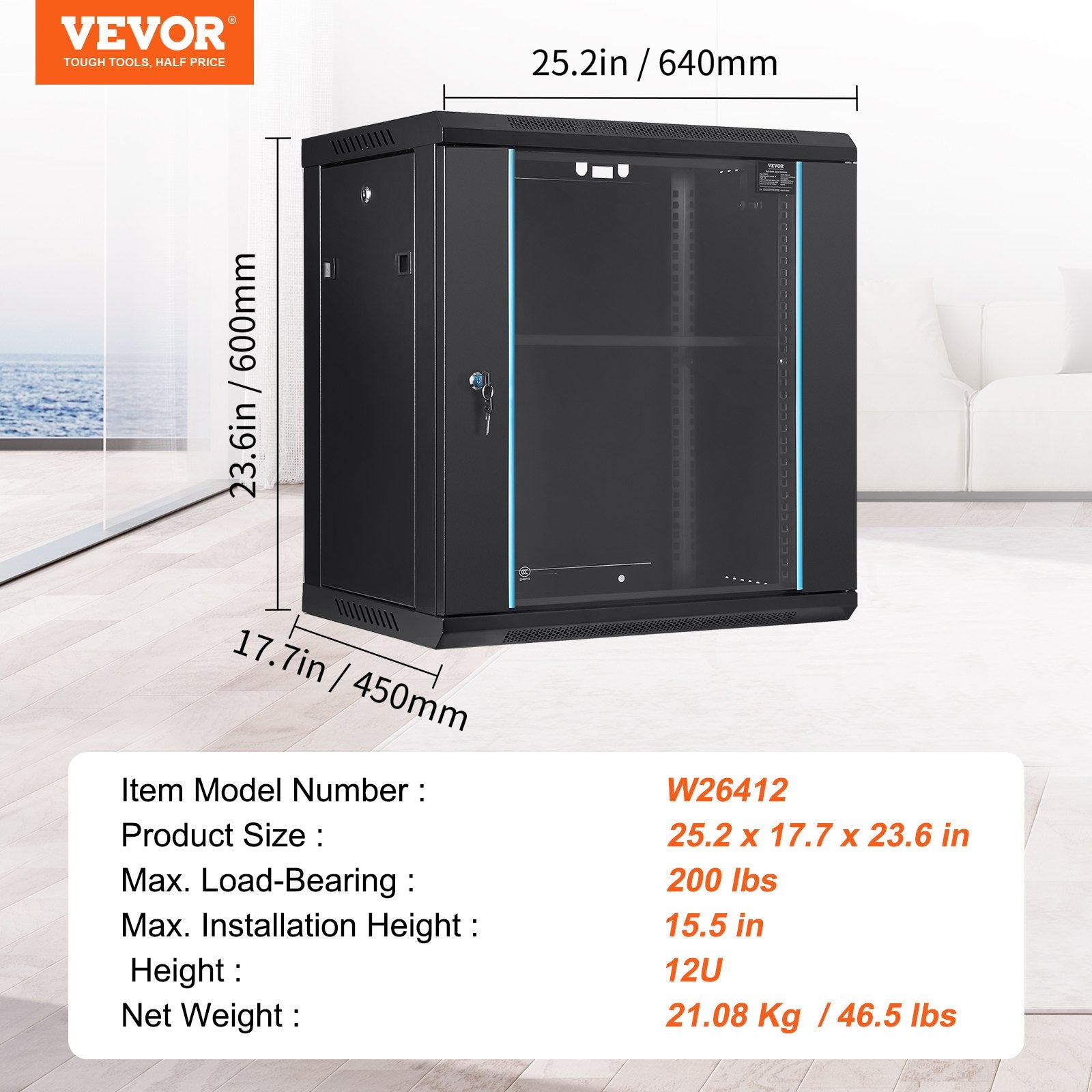 Audio Accessories: VEVOR Wall Mount Network Server Cabinet, 393.7 mm Deep, Server Rack Cabinet Enclosure, 90.72 kg Max. Ground-mounted Load Capacity, with Locking Glass Door Side Panels, for IT Equipment, A/V Devices