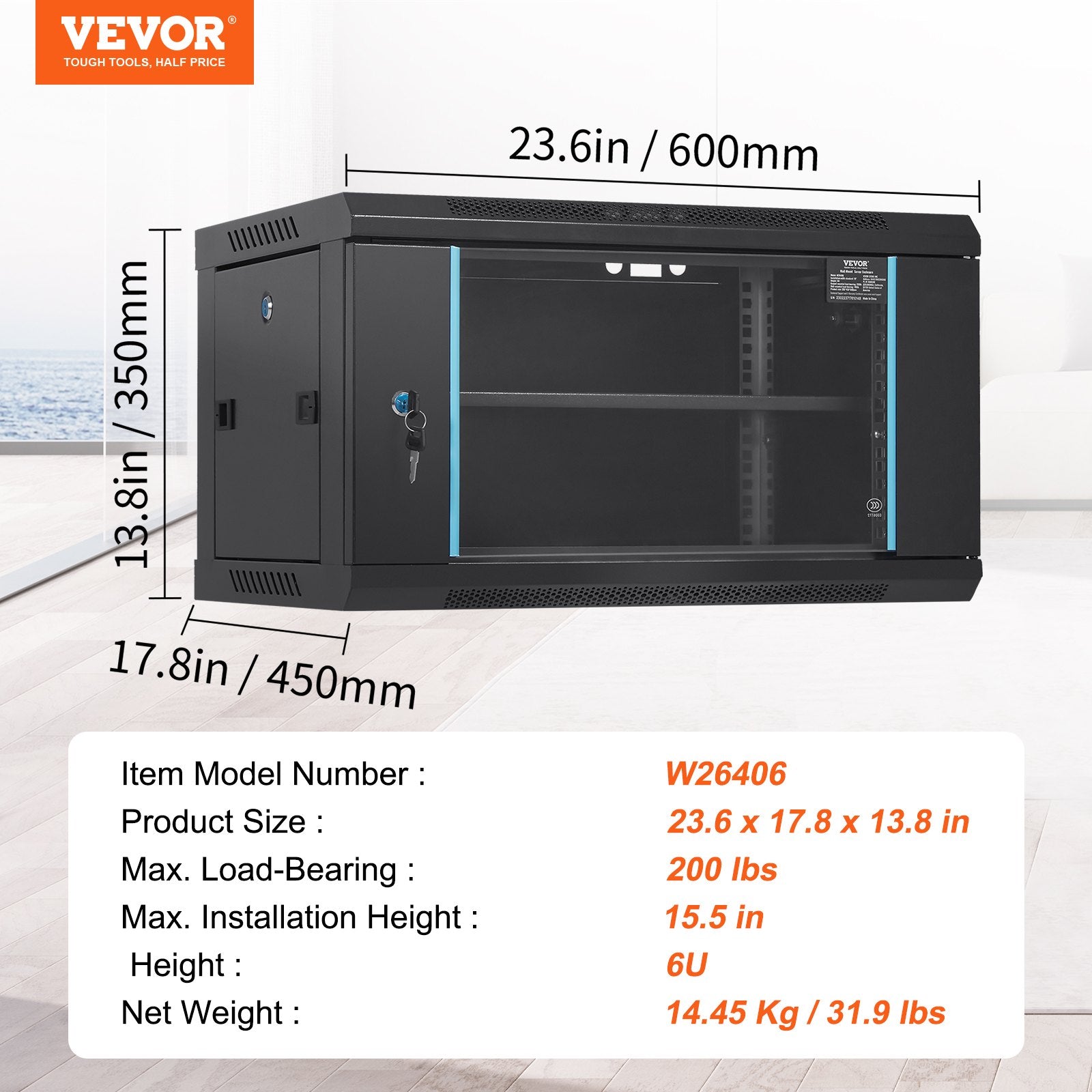 Desktops & Accessories: VEVOR 6U Wall Mount Network Server Cabinet, 15.5'' Deep, Server Rack Cabinet Enclosure, 200 lbs Max. Ground-mounted Load Capacity, with Locking Glass Door Side Panels, for IT Equipment, A/V Devices