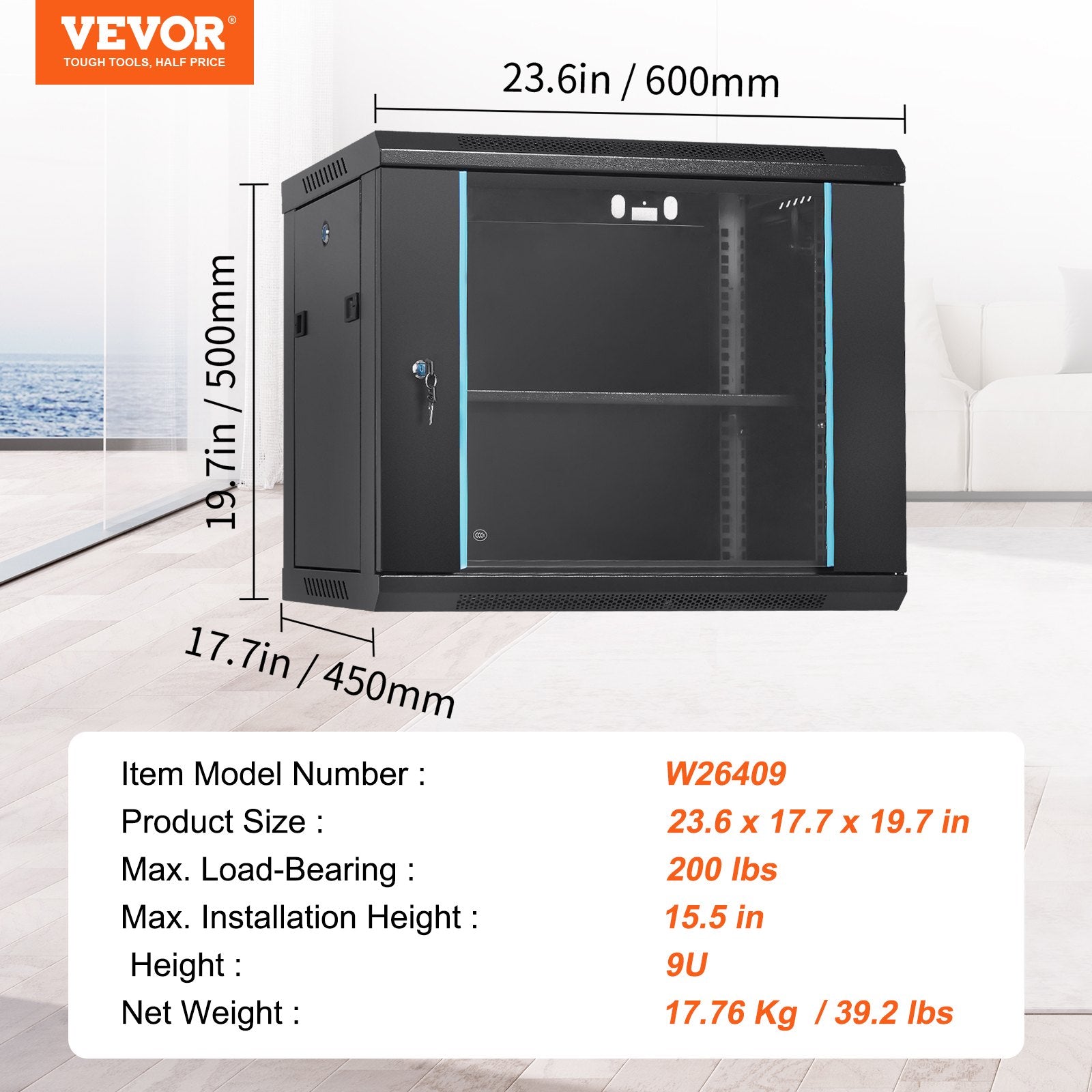 Basketball & Basketball Accessories: VEVOR 9U Wall Mount Network Server Cabinet, 39.37 cm Deep, Server Rack Cabinet Enclosure, 90.7 kg Max. Ground-mounted Load Capacity, with Locking Glass Door Side Panels, for IT Equipment, A/V Devices