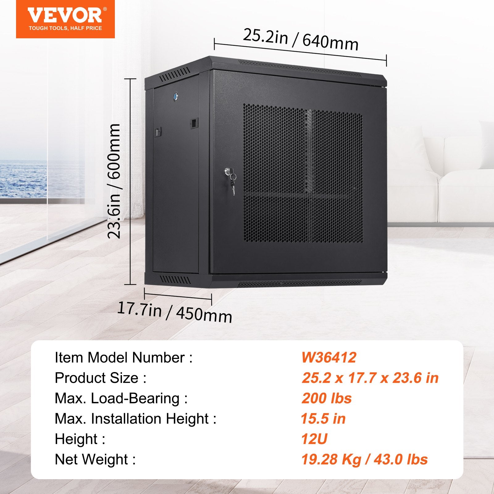 Desktops & Accessories: VEVOR 12U Wall Mount Network Server Cabinet, 15.5'' Deep, Server Rack Cabinet Enclosure, 200 lbs Max. Ground-mounted Load Capacity, with Locking Door Side Panels, for IT Equipment, A/V Devices